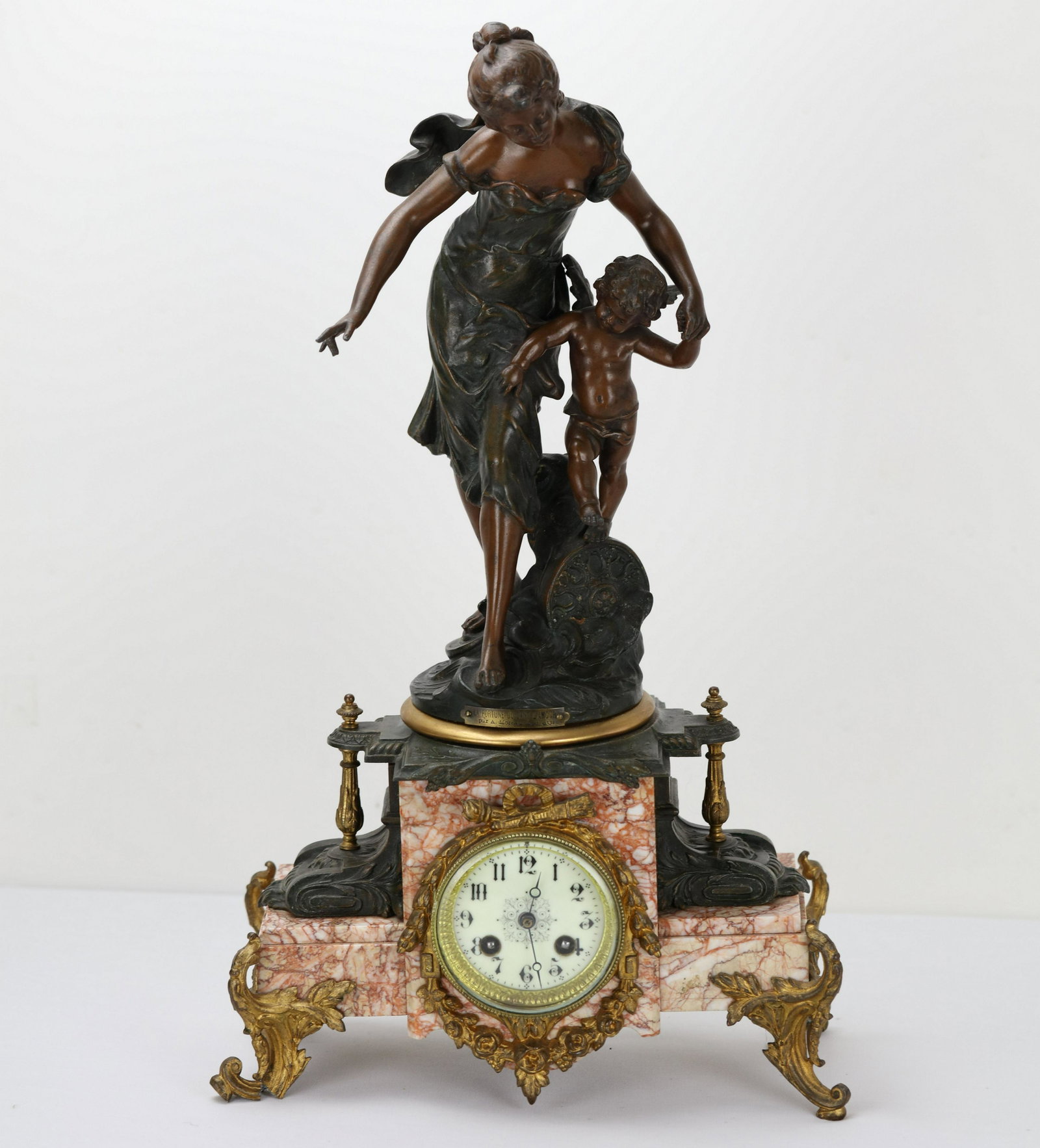 Moreau Bronze Sculpture and French Clock: Moreau Bronze Sculpture and French Clock, H:22 in.W: 12 in.