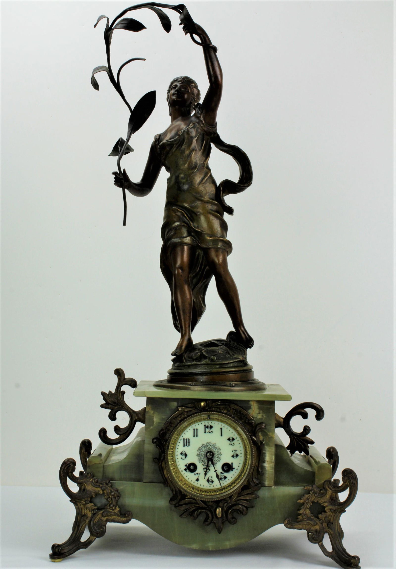 Antique Roseau Figural Clock  in Green Jade Base (1 of 7)