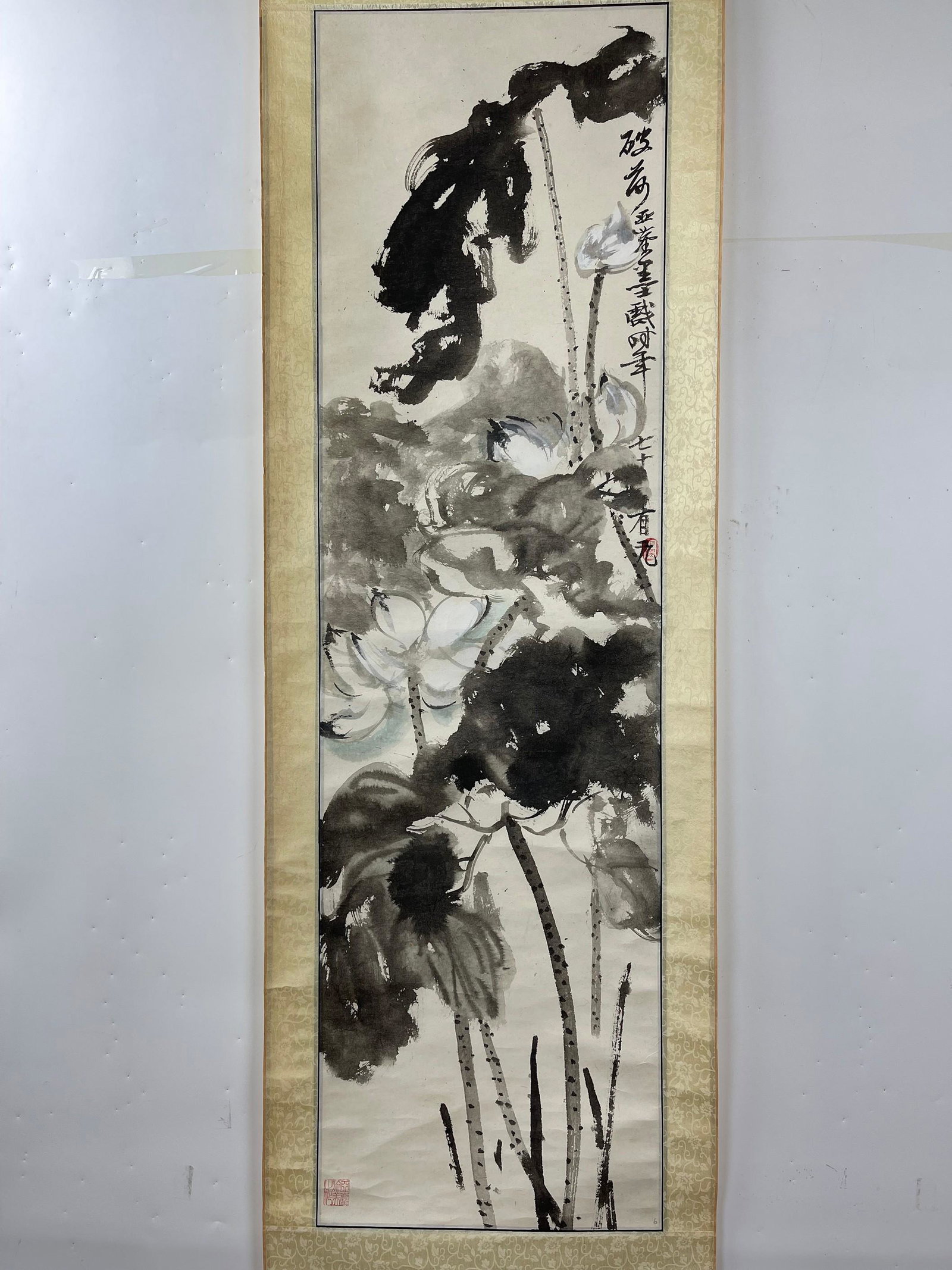 WANG YACHEN (1894-1983) Ink and Color in Paper Scroll: WANG YACHEN (1894-1983) Ink in Paper Scroll Lotus, H 47.5 in.(121cm) W 13.5 in.(34 cm).