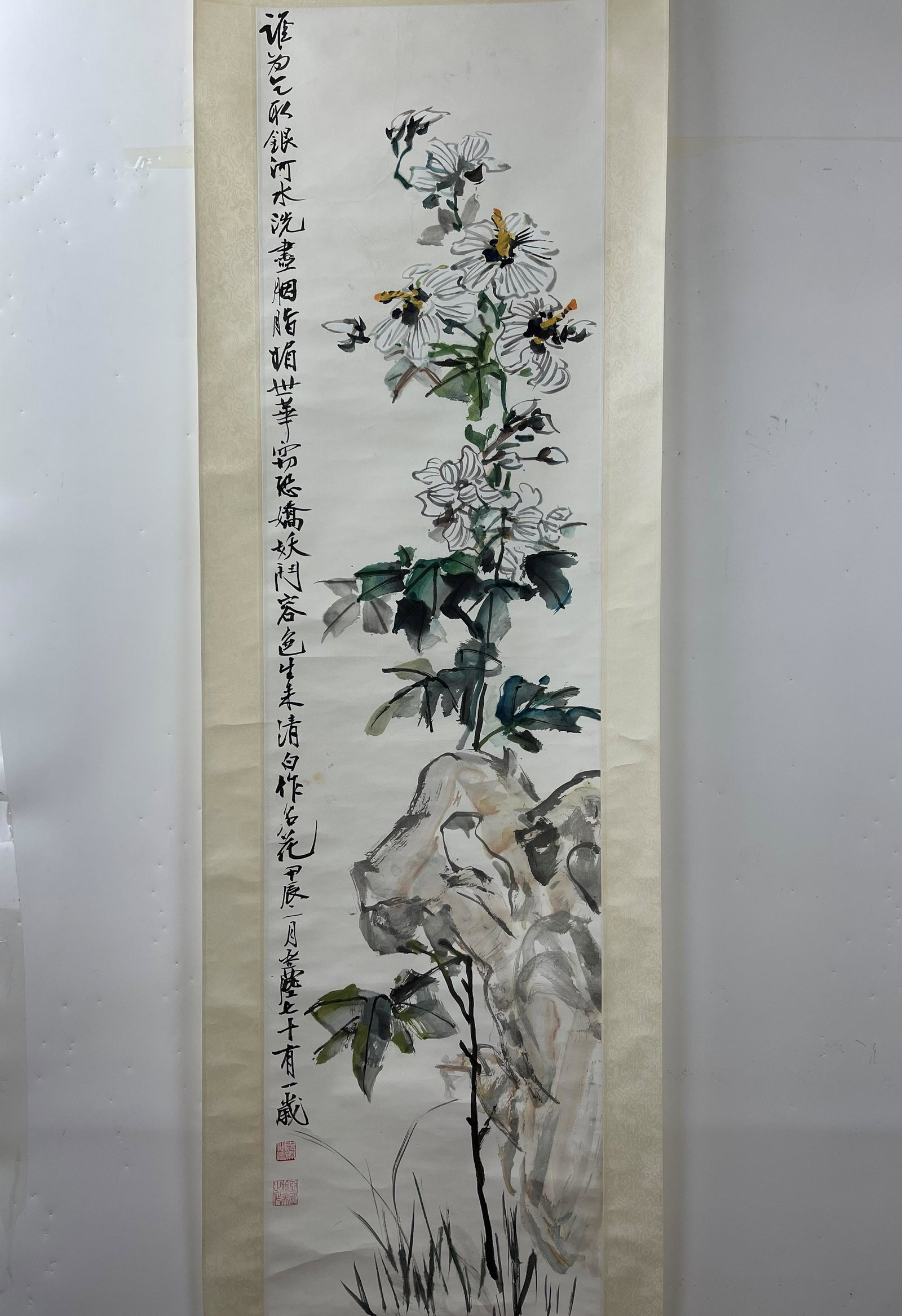 WANG YACHEN (1894-1983) Ink and Color in Paper Scroll: WANG YACHEN (1894-1983) Ink in Paper Scroll Hibiscus and Stone, H 53 in.(135 cm) W 13.8 in.(35 cm).