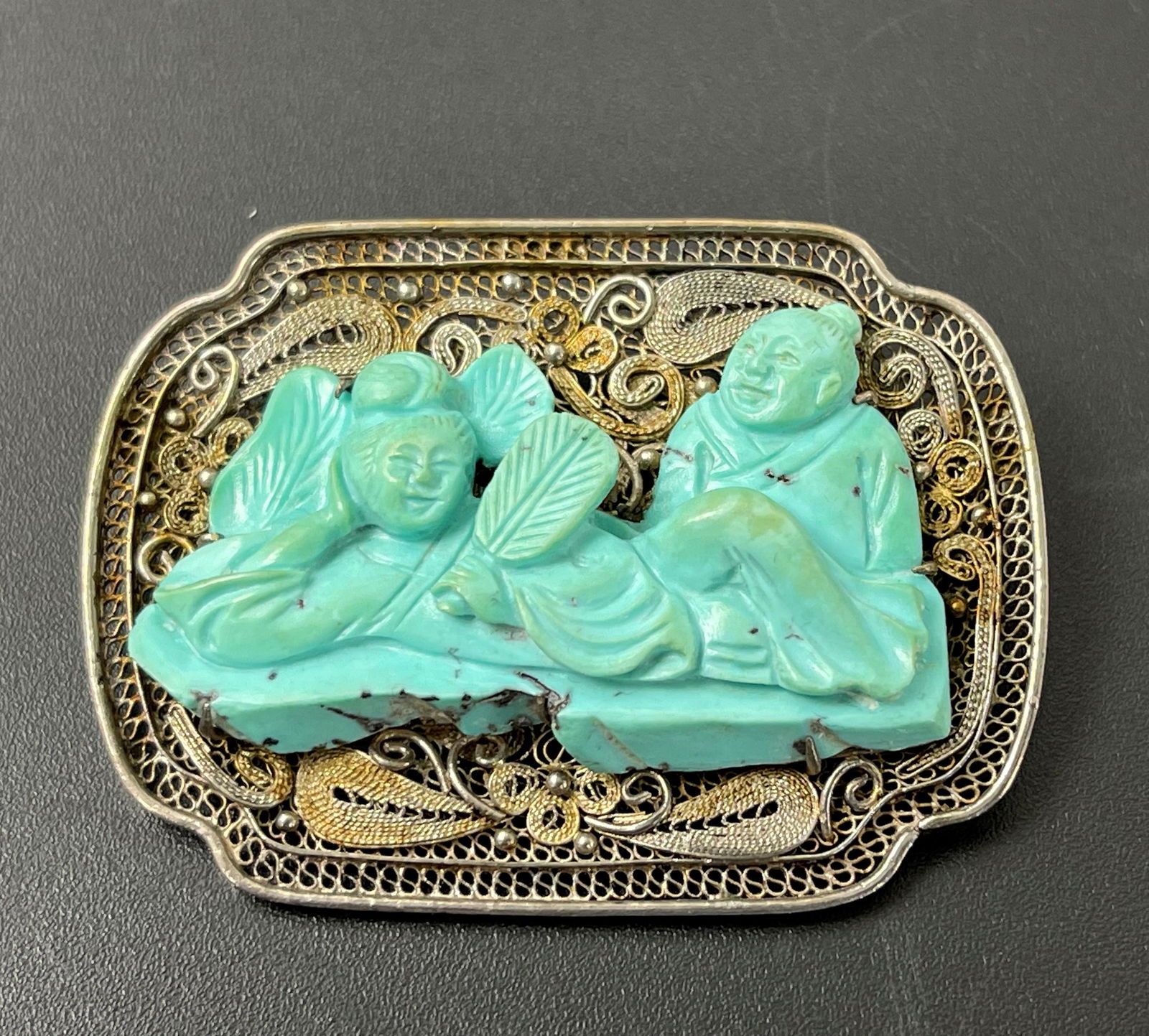 A Chinese Antique Turquoise Silver Brooch Marked (1 of 3)