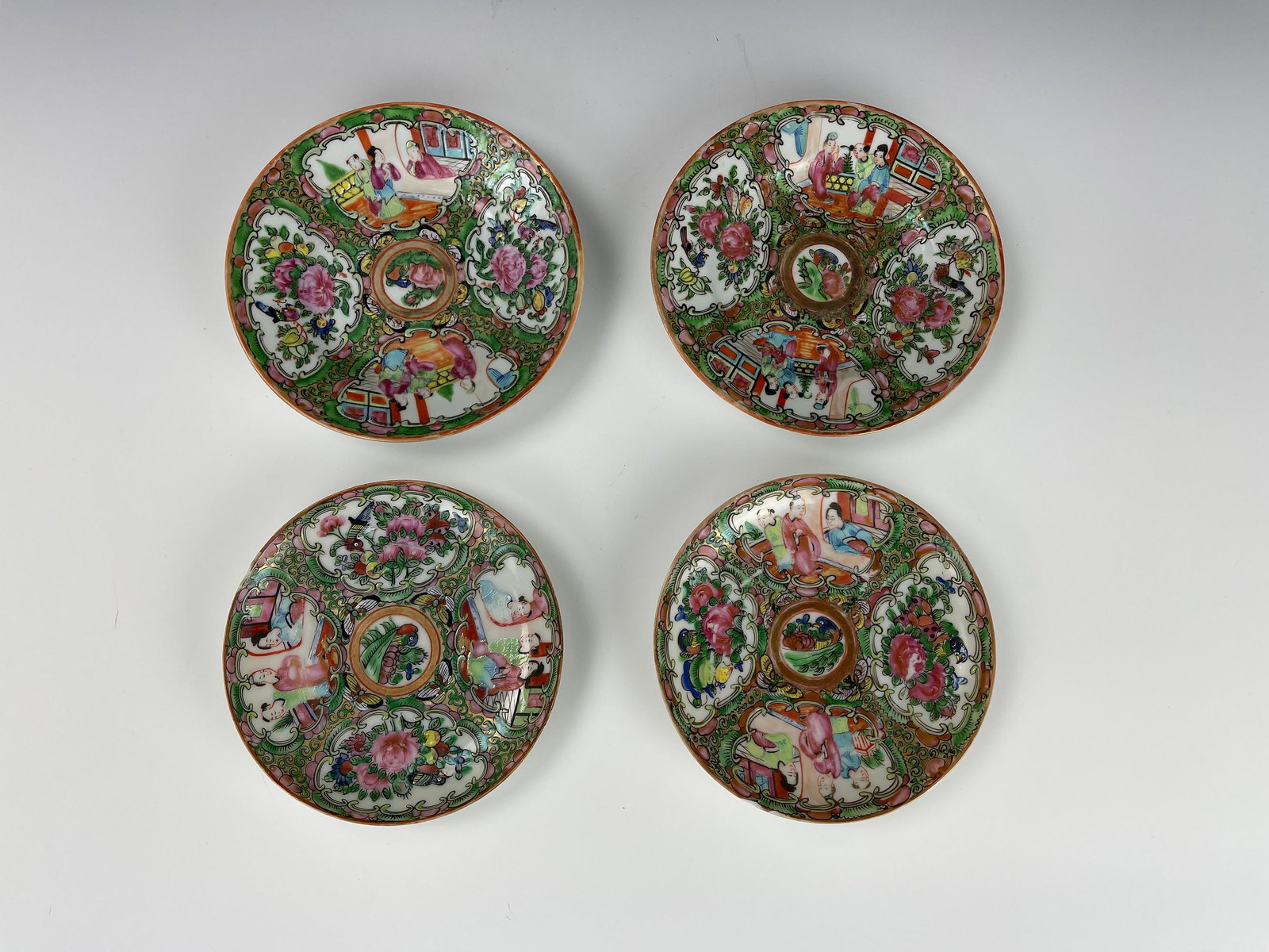 Antique Chinese Rose Medallion Porcelain Plates Set of Four: Antique Chinese Rose Medallion Porcelain Plates Set of Four, D 6in. X4, preview from Jan.21st to 25th at 2:00 PM TO 6:00 PM Eastern Time Location: 15229 Display Court Rockville MD 20850.