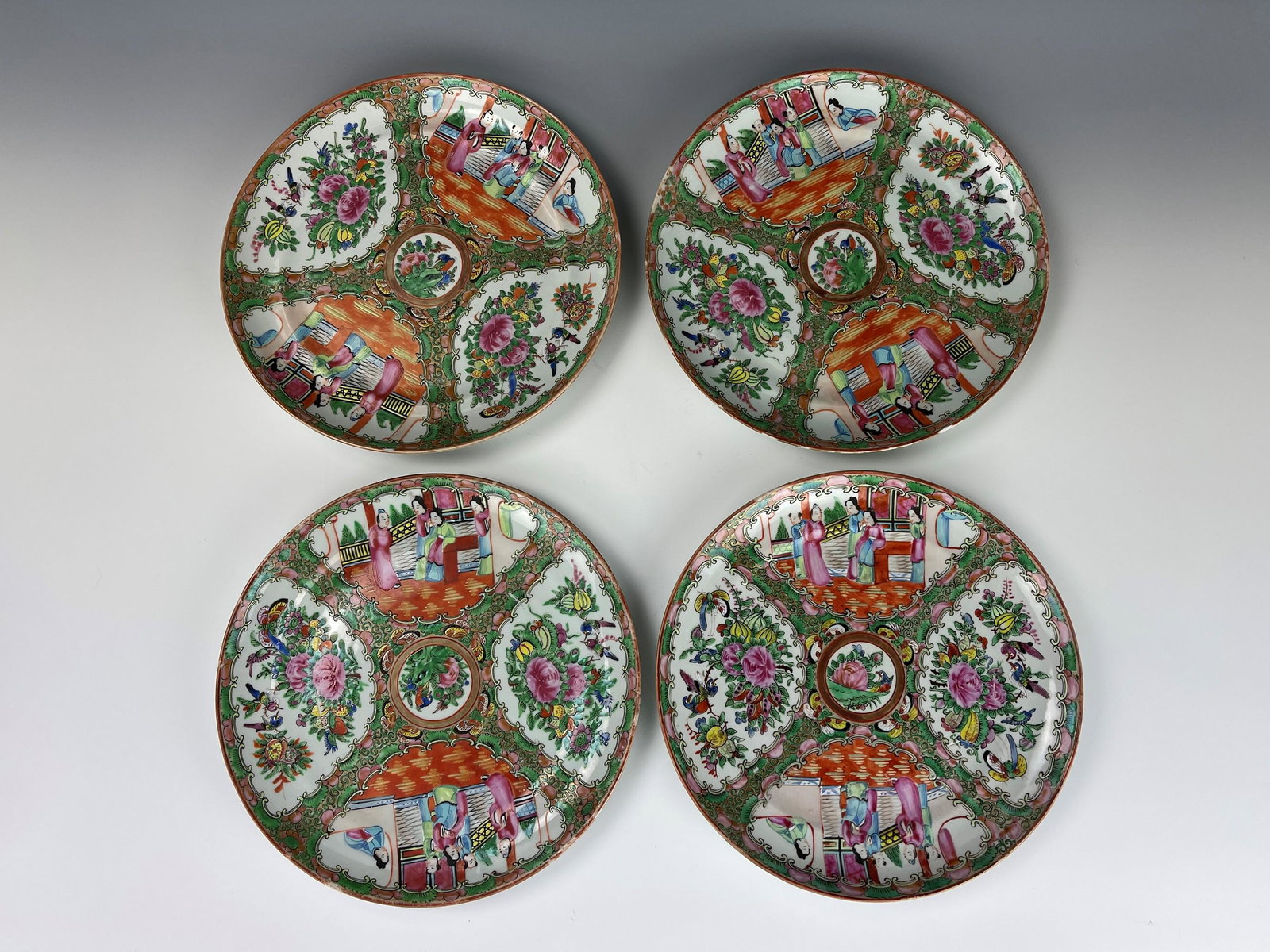 Set of Four Chinese Rose Medallion Porcelain Plates: Set of Four Chinese Rose Medallion Porcelain Plates, D 10 in. (25cm)X4, preview from Jan.21st to 25th at 2:00 PM TO 6:00 PM Eastern Time Location: 15229 Display Court Rockville MD 20850.