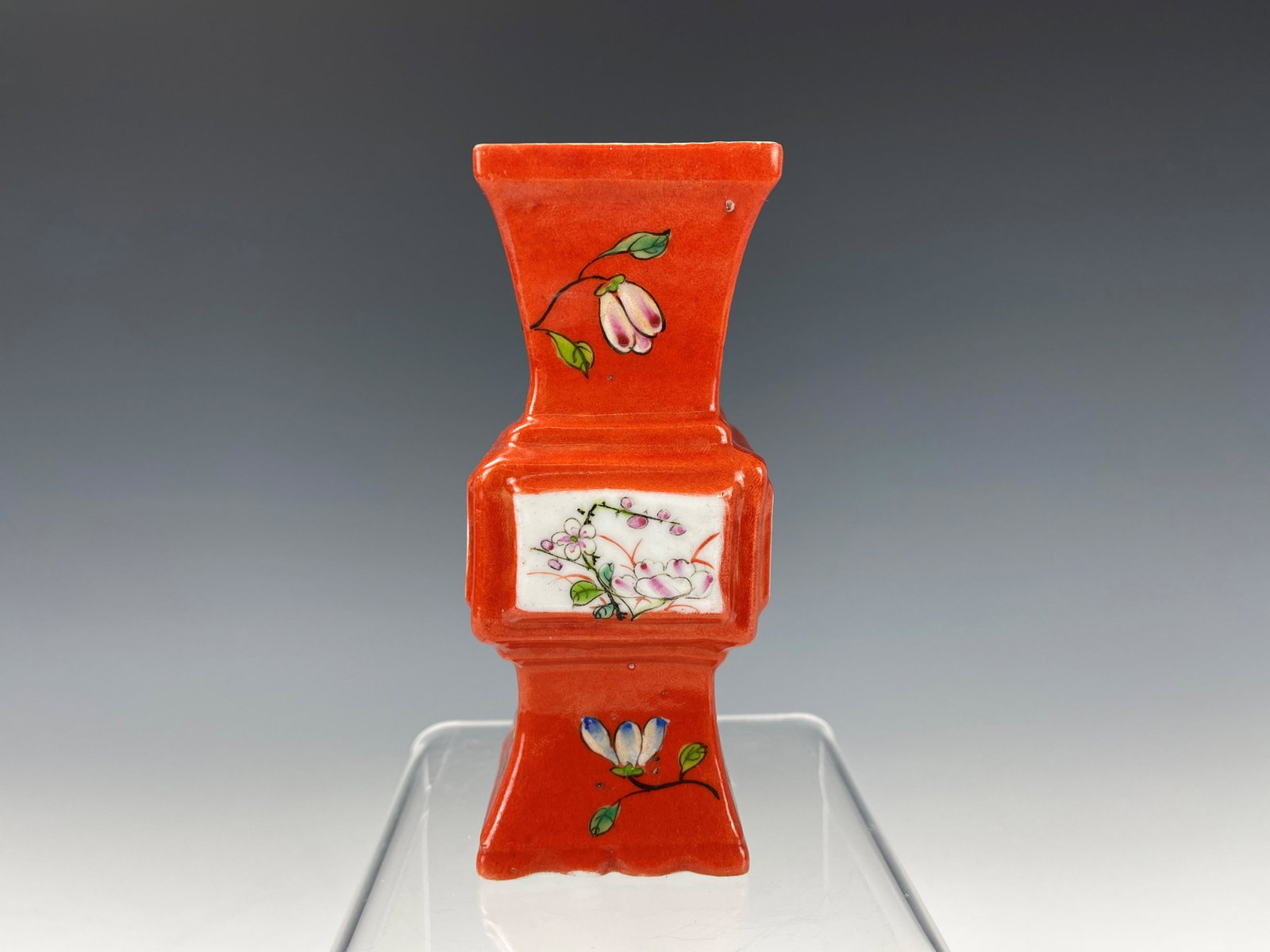 An Iron Red Ground Square Porcelain Vase: An Iron Red Ground Square Porcelain Vase,H 13 cm.(5 in.), preview from Jun 6th to 10th from 2:00 PM TO 6:00 PM Eastern Time, Location: 15229 Display Court Rockville MD 20850.