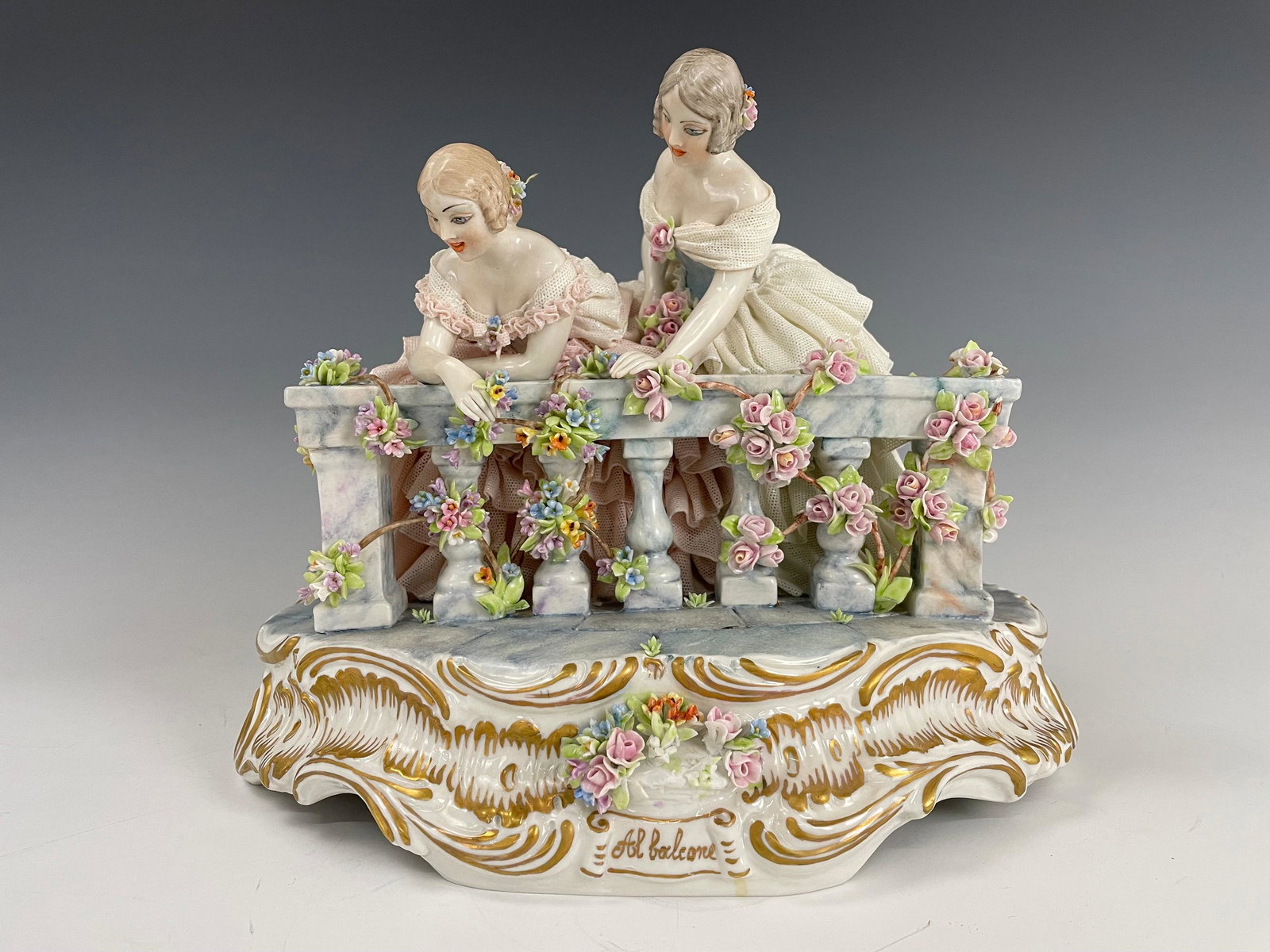 Italy Luigi Fabris Capodimonte Porcelain Al Balcone: Italy Luigi Fabris Capodimonte Porcelain Al Balcone,H 23 cm. (9 in.) xW 25cm.(10 in.) xD 20cm. (8in.), preview from Jun 6th to 10th from 2:00 PM TO 6:00 PM Eastern Time, Location: 15229 Display Court 