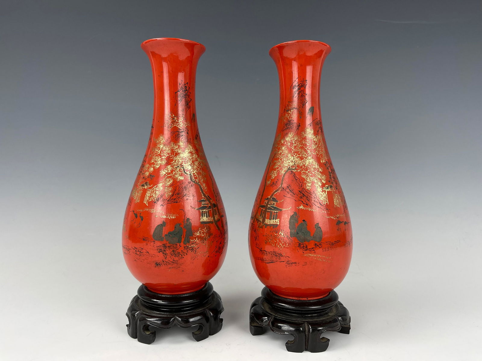 Pair of Chinese Foochow Red Lacquer Vases Marked (1 of 6)