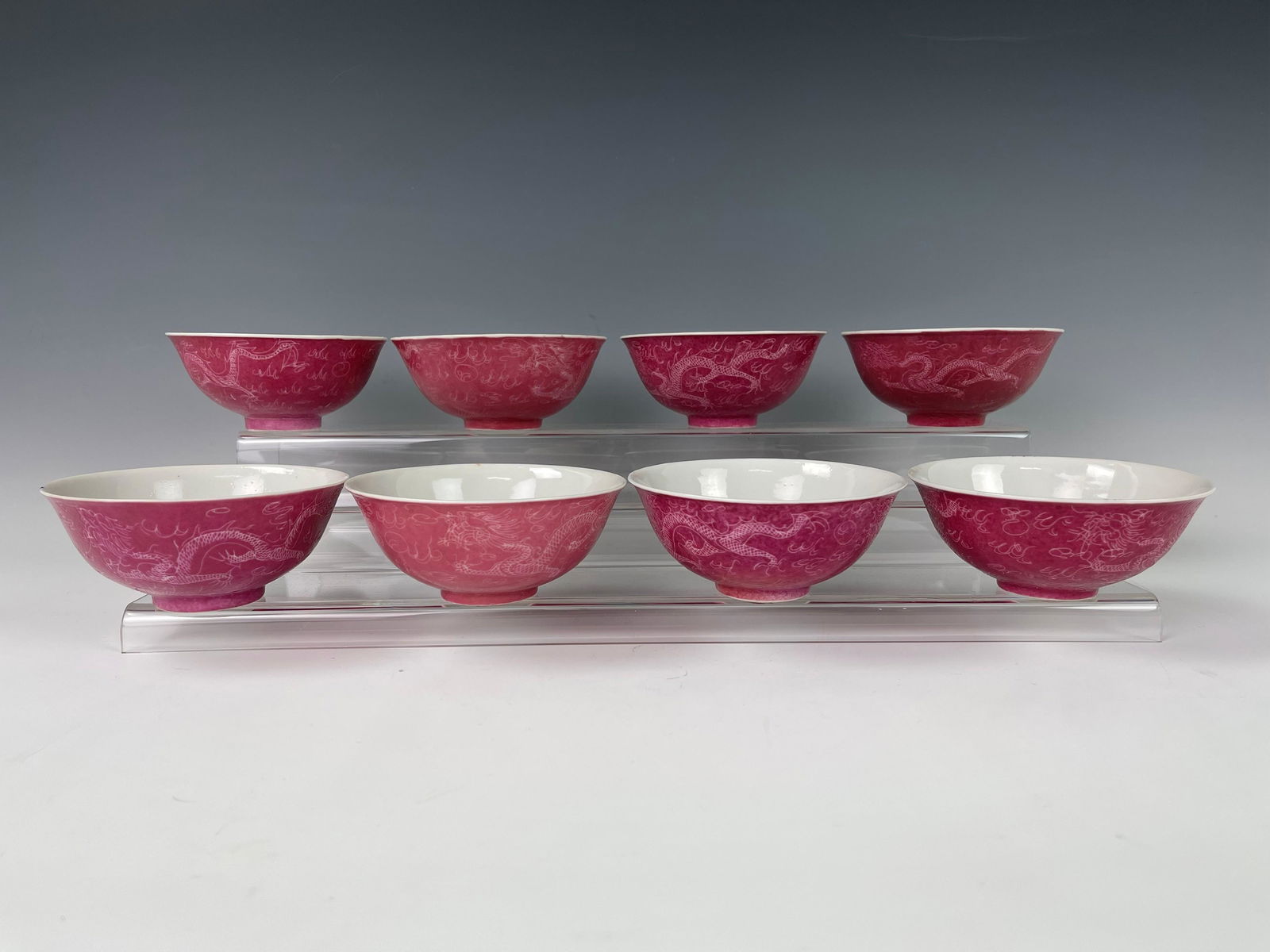 Eight Carmine Red Porcelain Dragon Bowls Marked (1 of 7)