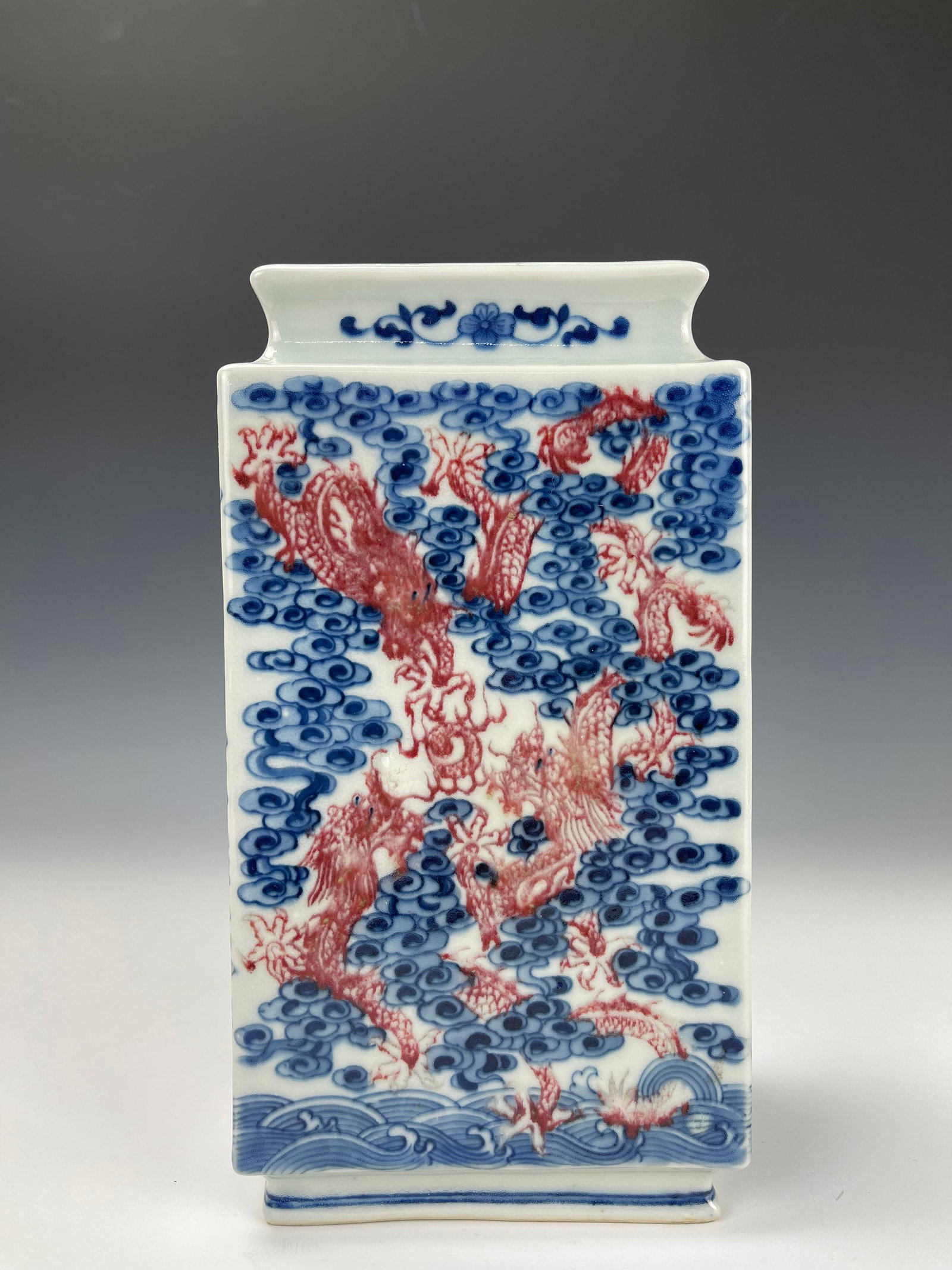 Blue and White Underglaze Red Porcelain Square Vase Qianlong Mark: A Chinese Blue and White Underglaze Red Porcelain Square Vase Qianlong Mark,H 24 cm.(9.5 in.), Preview from Aug. 22nd to 26th from 2:00 PM TO 6:00 PM Eastern Time, Location: 15229 Display Court, Rockv