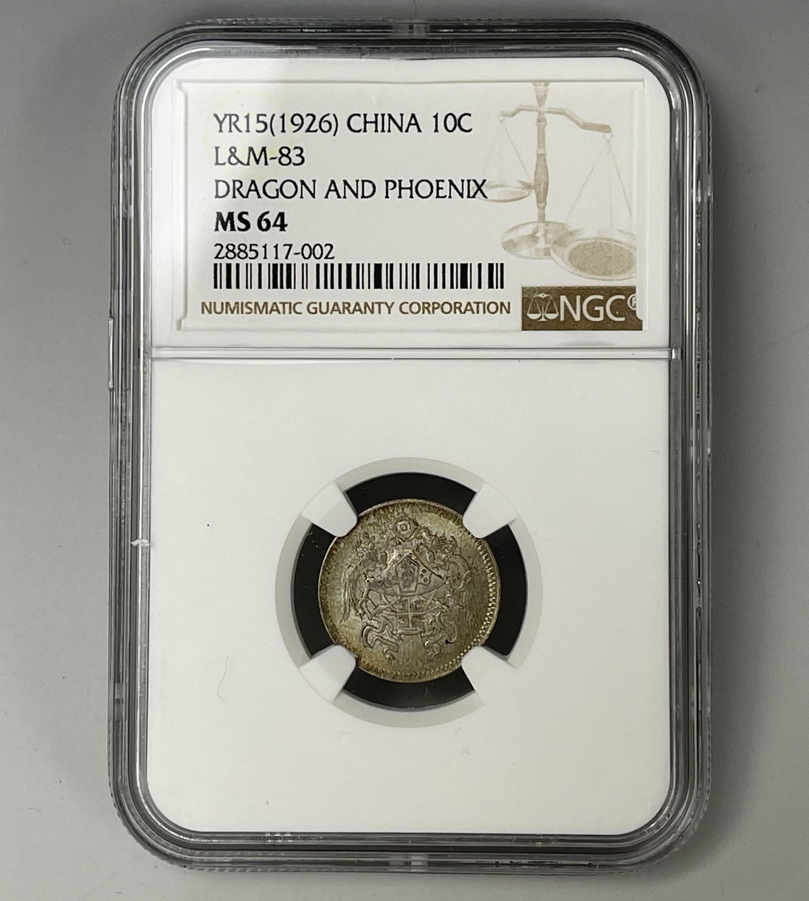 NGC MS64 China 1926 Dragon and Phoenix Ten Cents Silver Coin (1 of 2)