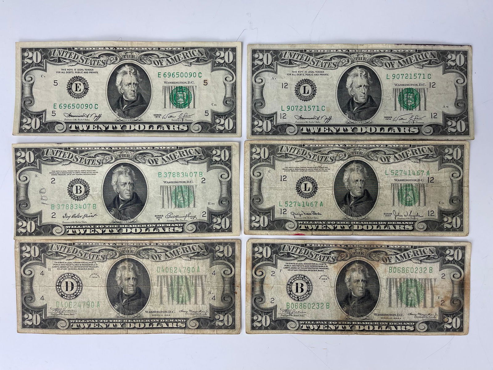 Six 20 Dollars Federal Reserve Bank Note 1934 and 1950 (1 of 2)