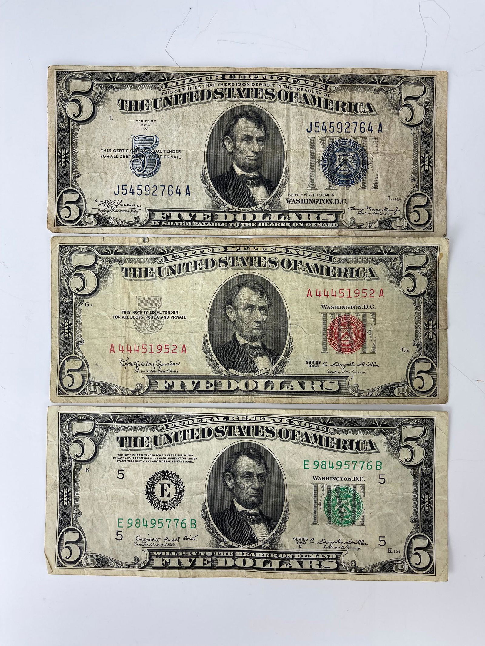 Three 5 Dollars Federal Reserve Bank Note 1934,1950 and 1963 (1 of 4)