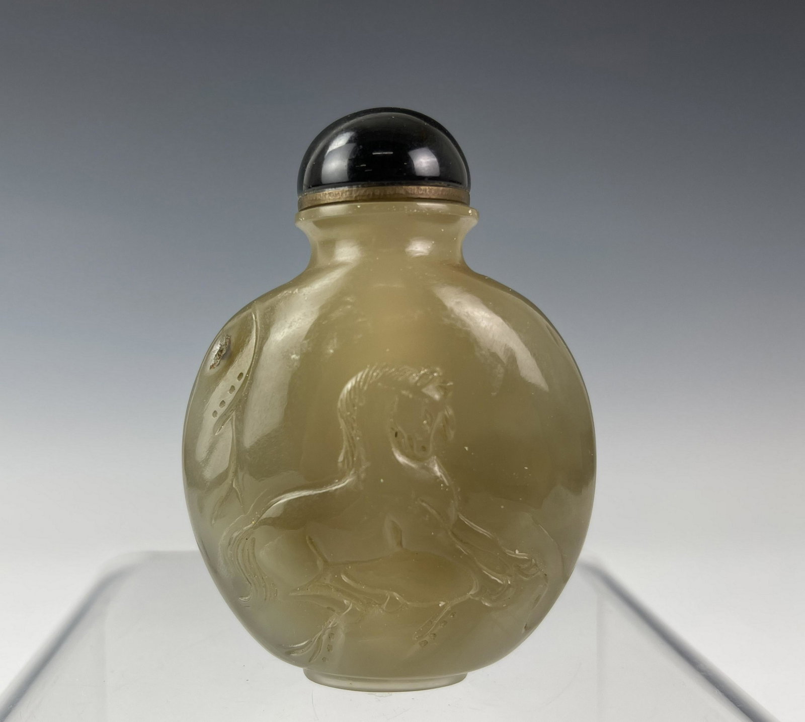 Chinese Carved Horse Jade Snuff Bottle: Chinese Carved Horse Jade Snuff Bottle,H 7 cm. (3 in.),Preview from Aug. 22nd to 26th from 2:00 PM TO 6:00 PM Eastern Time, Location: 15229 Display Court, Rockville MD 20850.
