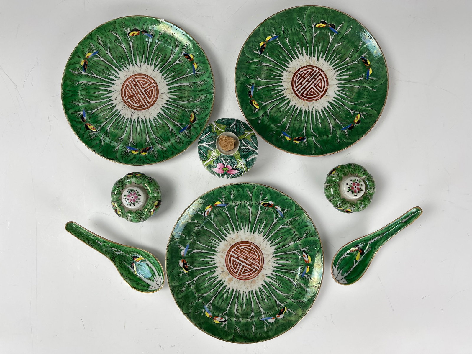 8 Pieces Famille Cabbage Leaf Porcelain Tableware: 8 Pieces Famille Cabbage Leaf Porcelain Tableware,Plate D 18 cm. (7 in.) x3 ,Preview from Aug. 22nd to 26th from 2:00 PM TO 6:00 PM Eastern Time, Location: 15229 Display Court, Rockville MD 20850.