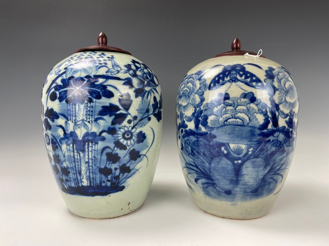 Two Chinese Blue White Porcelain Jar Wood Lids: Two Chinese Blue White Porcelain Jar Wood Lids, H 26 cm(10.5in.) x2, Two Spoons, One Brown Glazed Cup H5cm(2in.) x D 7cm(2.8in.), Preview from Oct. 24th to 28th from 2:00 PM TO 6:00 PM Eastern Time, L