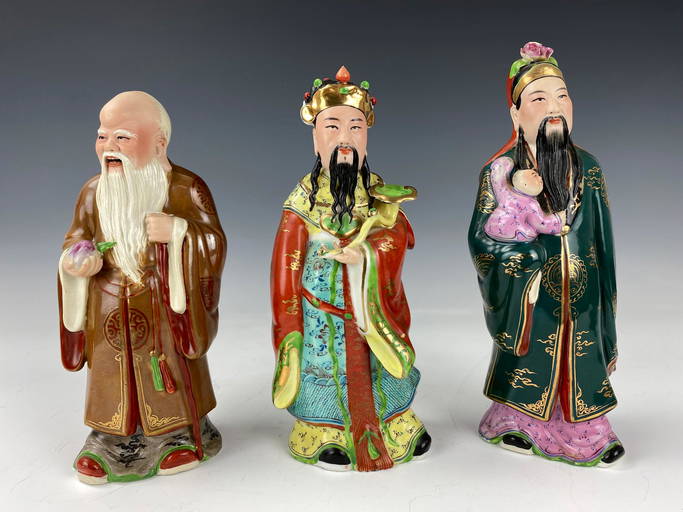 Three Oriental Porcelain Statues Tao Lucky Gods Fu Lu Shou Oct 29