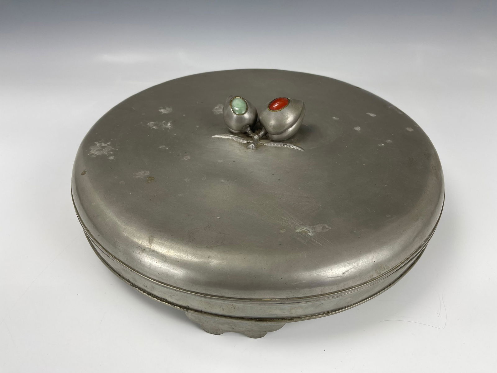 Chinese Antique Pewter Tray With Cover Inlaid Gemstone (1 of 6)