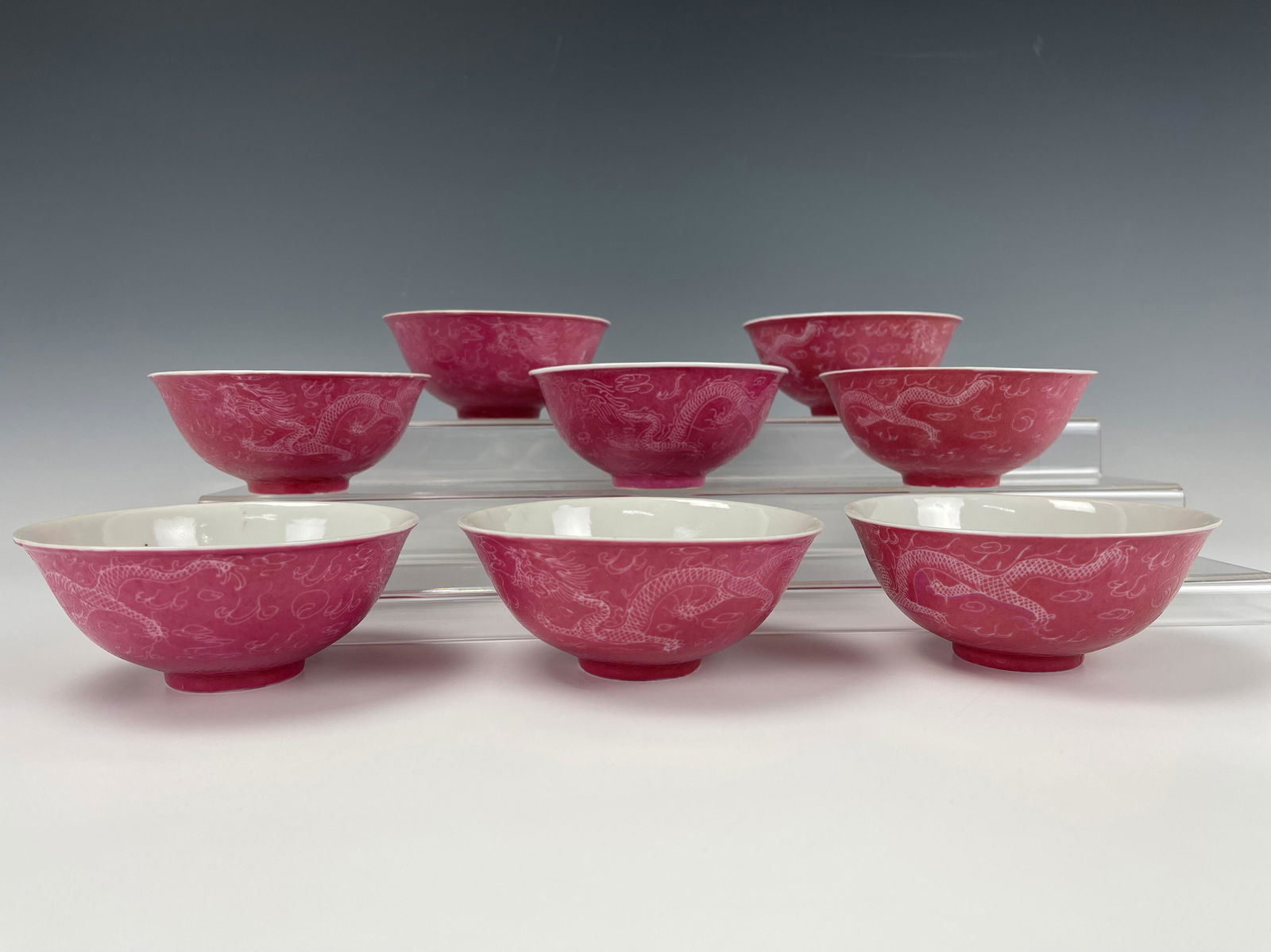 Eight Carmine Red Porcelain Dragon Bowls Marked (1 of 6)