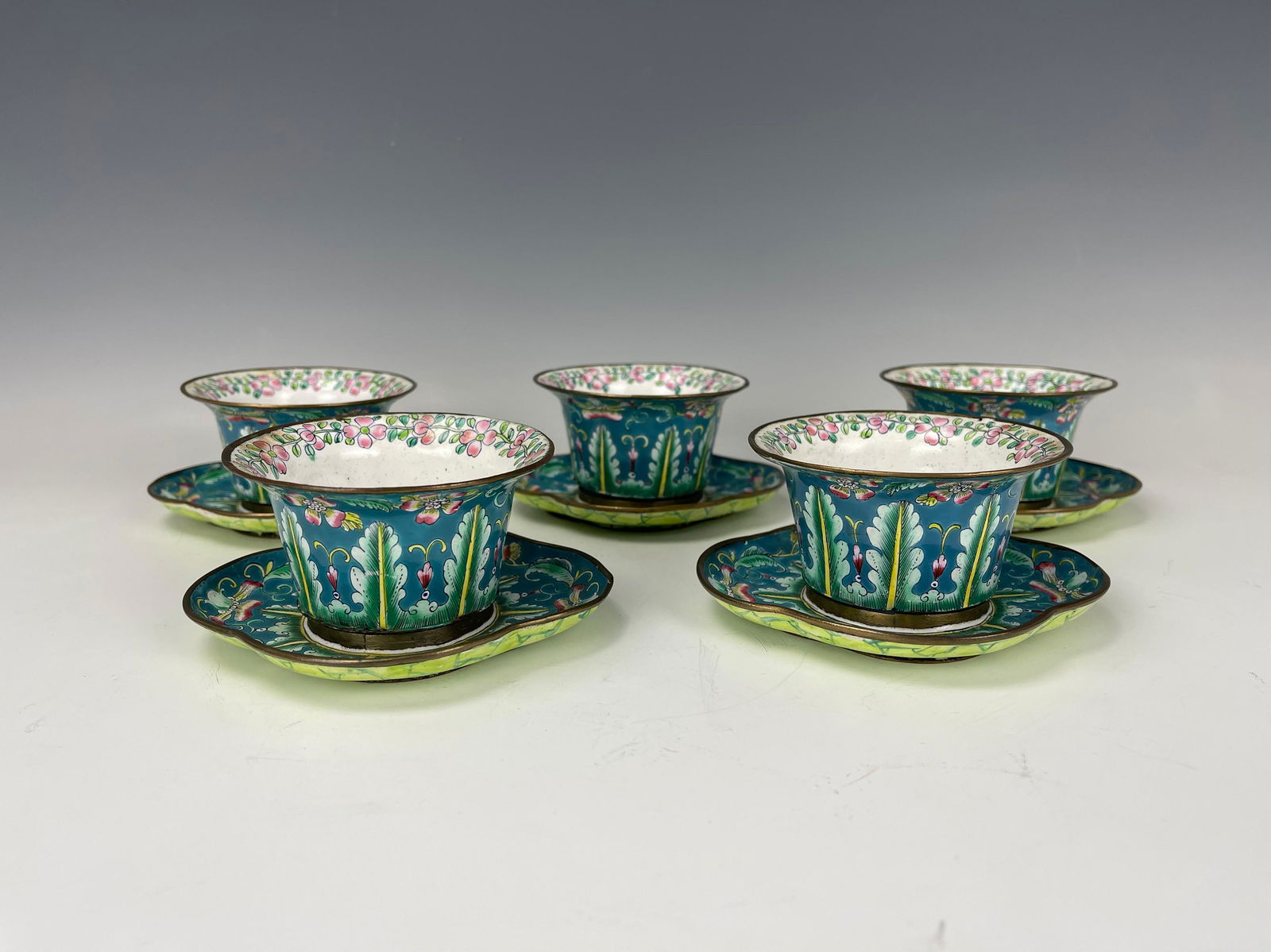 Five Antique Conton Enamel Brass Cups And Saucers (1 of 9)