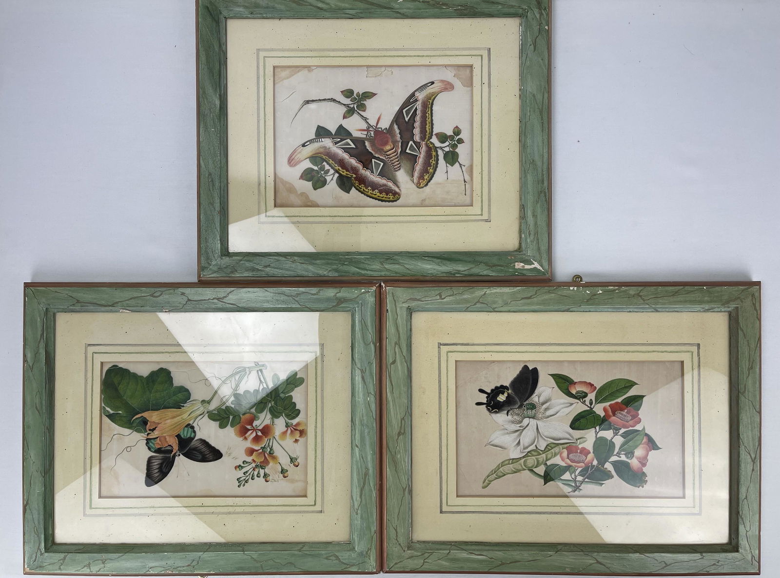 Three Chinese Watercolours on Pith Paper Butterfly and Flowers (1 of 4)