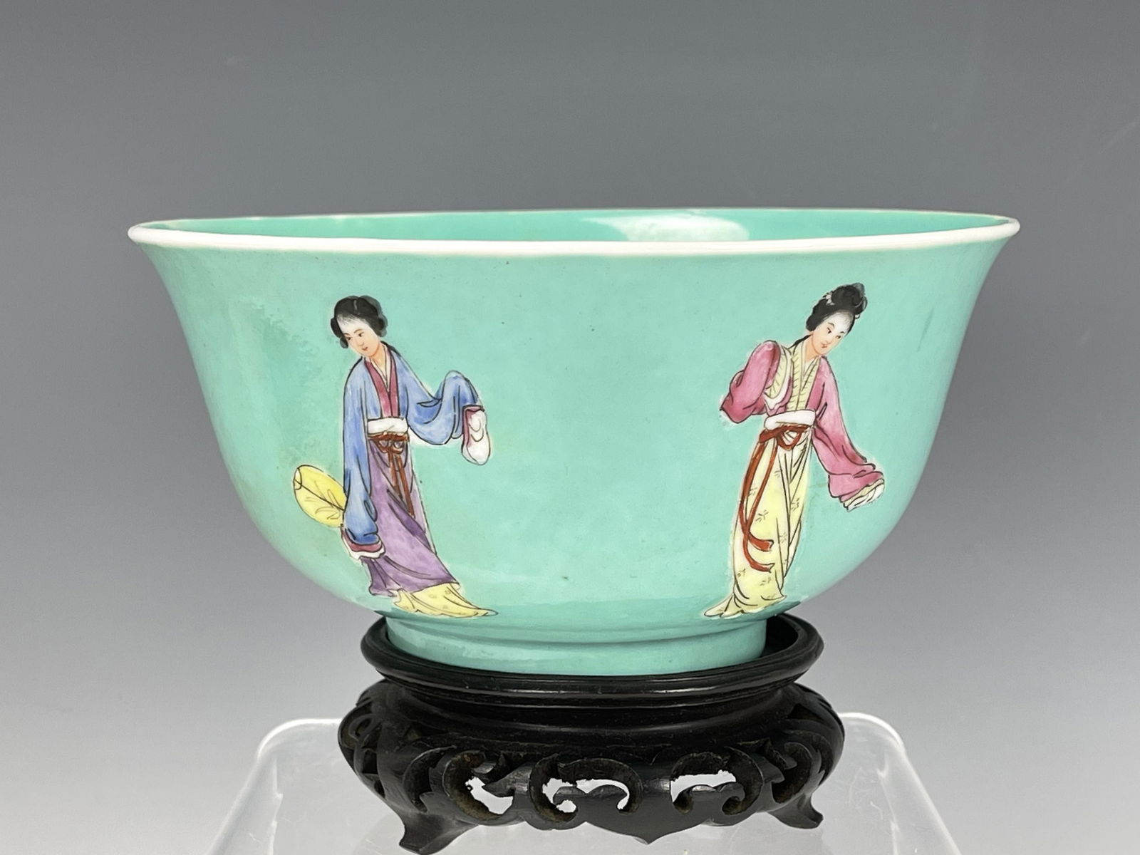 A Chinese Antique Turquoise Porcelain Bowl with Wood Base (1 of 6)