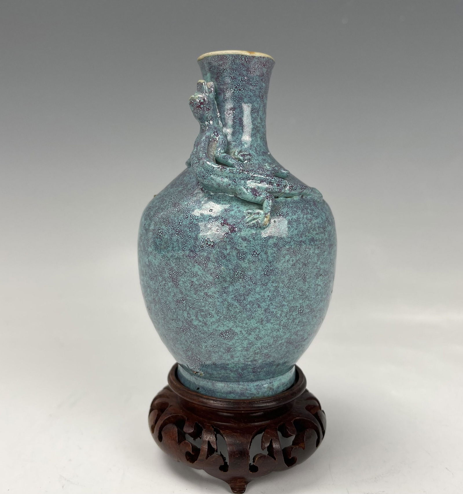 A Chinese Robin's Egg Blue Porcelain Vase with Wood Base (1 of 6)