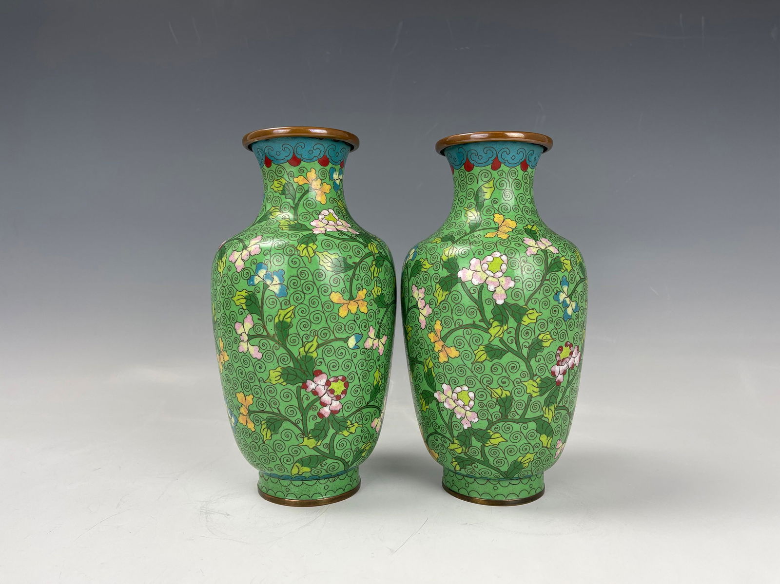 Pair of Chinese Cloisonne Enamel Green Vases (1 of 5)