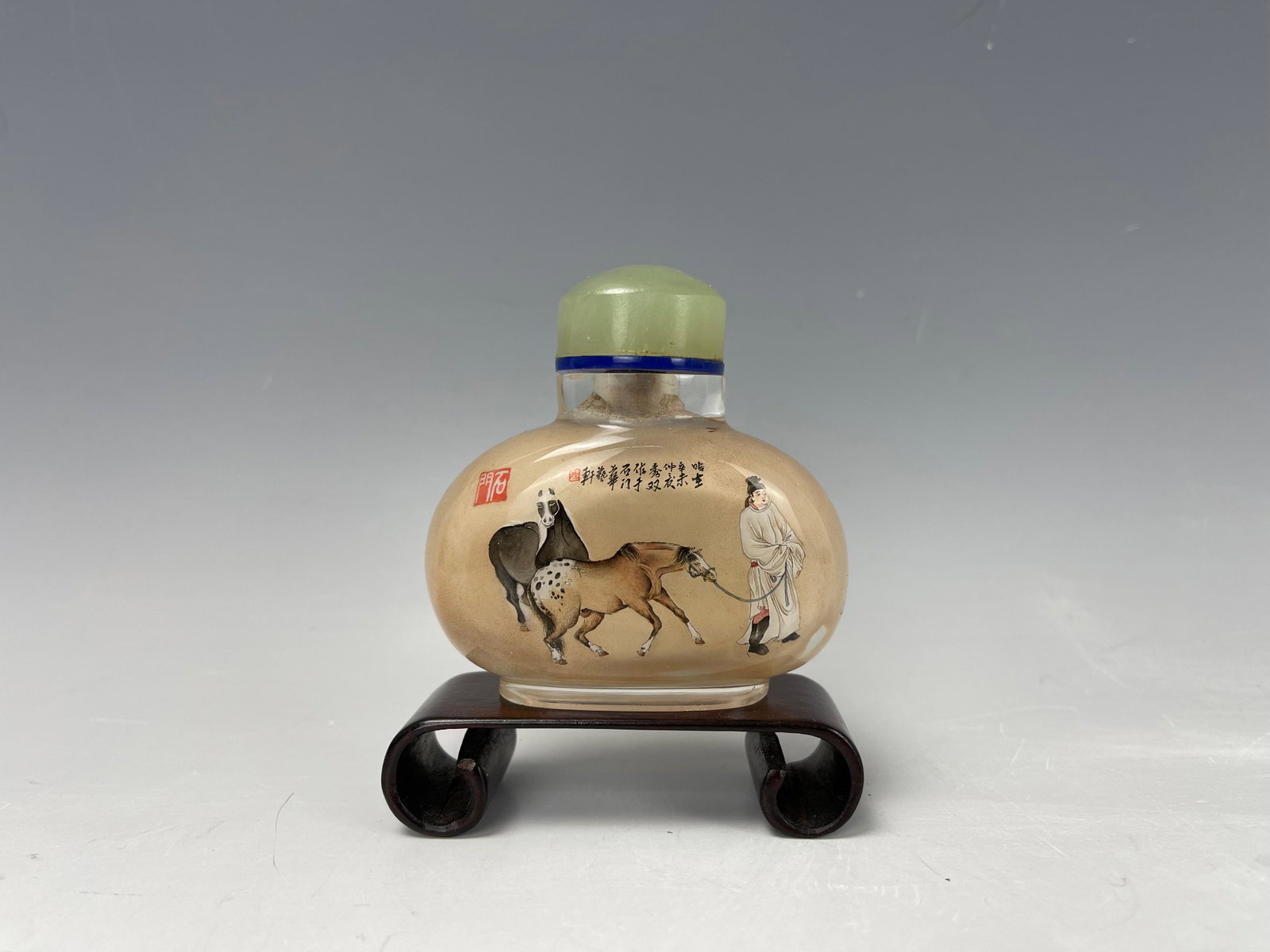 A Chinese Xiushuang Reverse Painted Snuff Bottle: A Chinese Xiushuang Reverse Painted Snuff Bottle, H7cm x W 7cm ,Preview from Apr. 17th to 21st from 1:00 PM TO 5:00 PM Eastern Time, Location: 15229 Display Court, Rockville MD 20850.