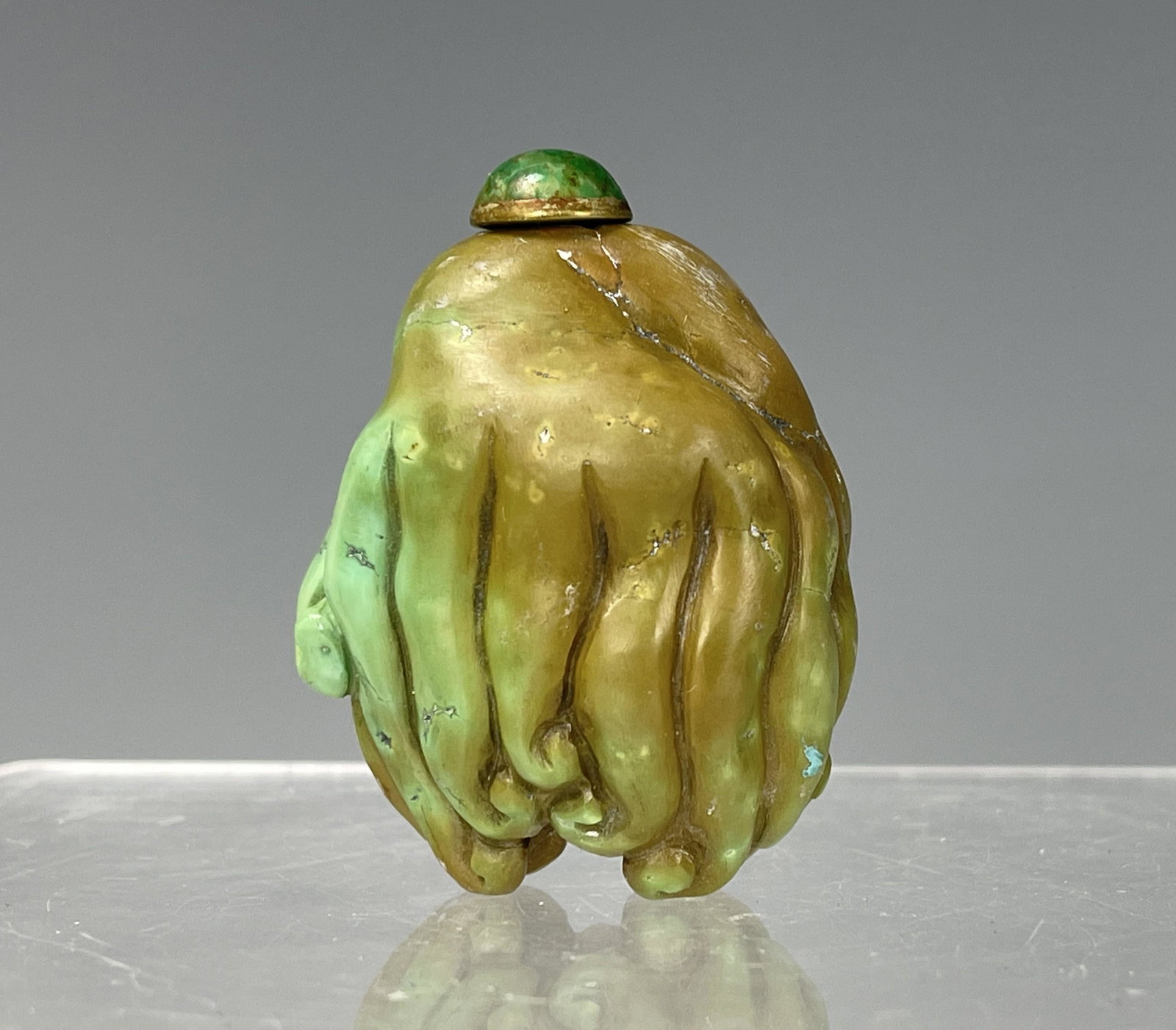 Turquoise Snuff Bottle: Turquoise Snuff Bottle, China, in the shape of Buddha's citron with flat back, olive green stone with turquoise blue with green cast and black matrix, metal stopper domed with green mottled glass, (mi