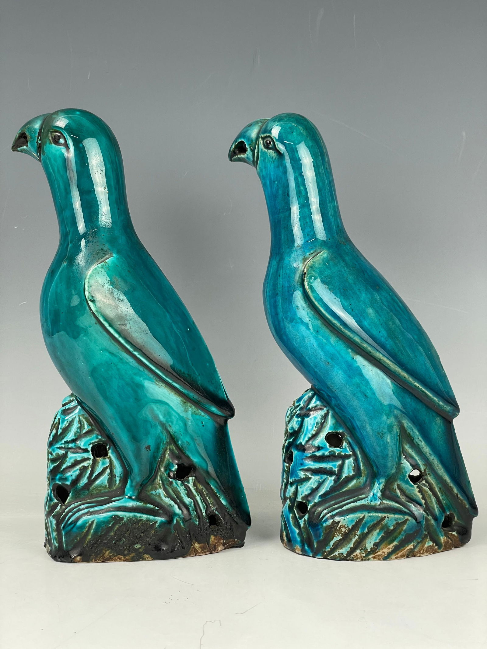 Group of Two Blue Glazed Porcelain Parrots (1 of 5)