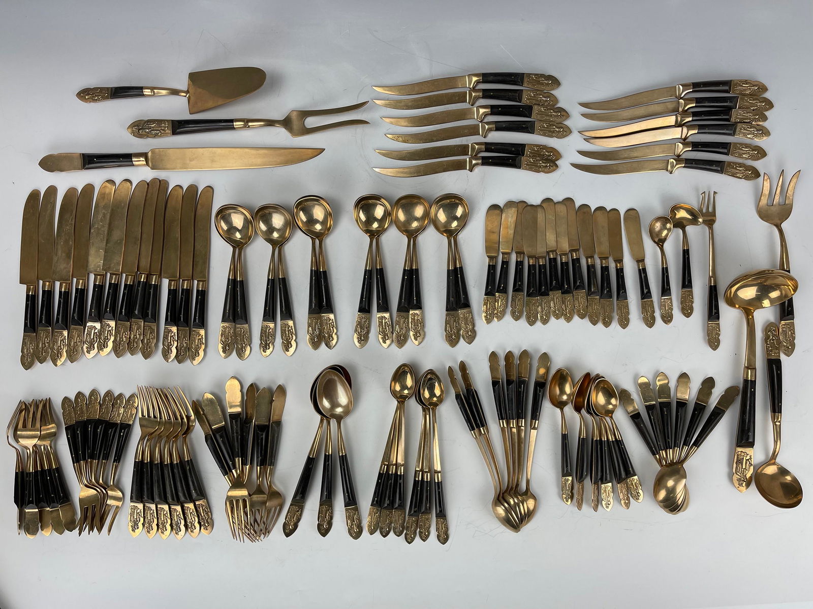 Set of 108 pcs Hong Kong Flatware Brass Immortal Longevity Design and Carved Horn (1 of 7)