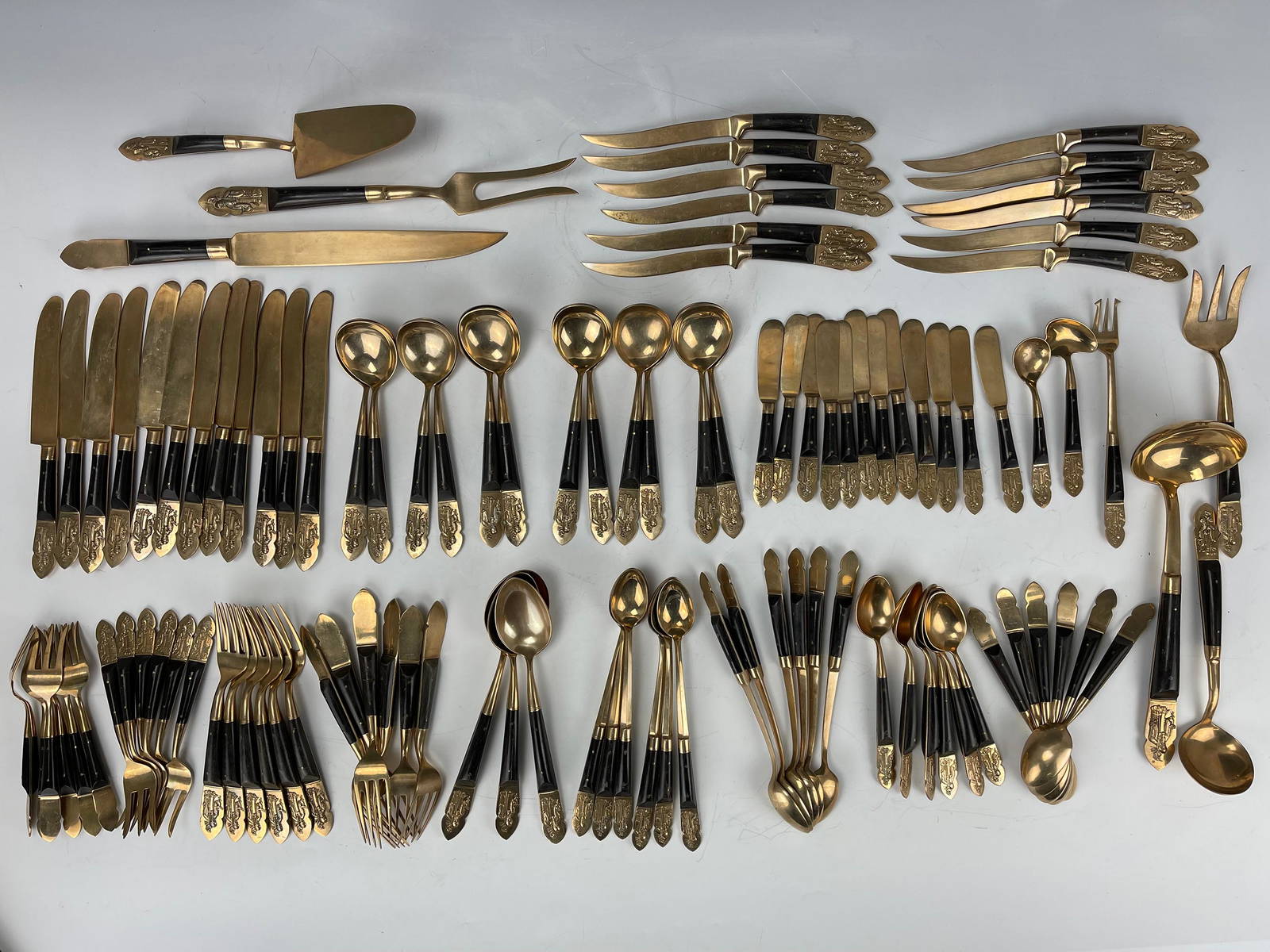Set Of 108 Pcs Hong Kong Flatware Brass Immortal Longevity Design And Carved Horn Auction