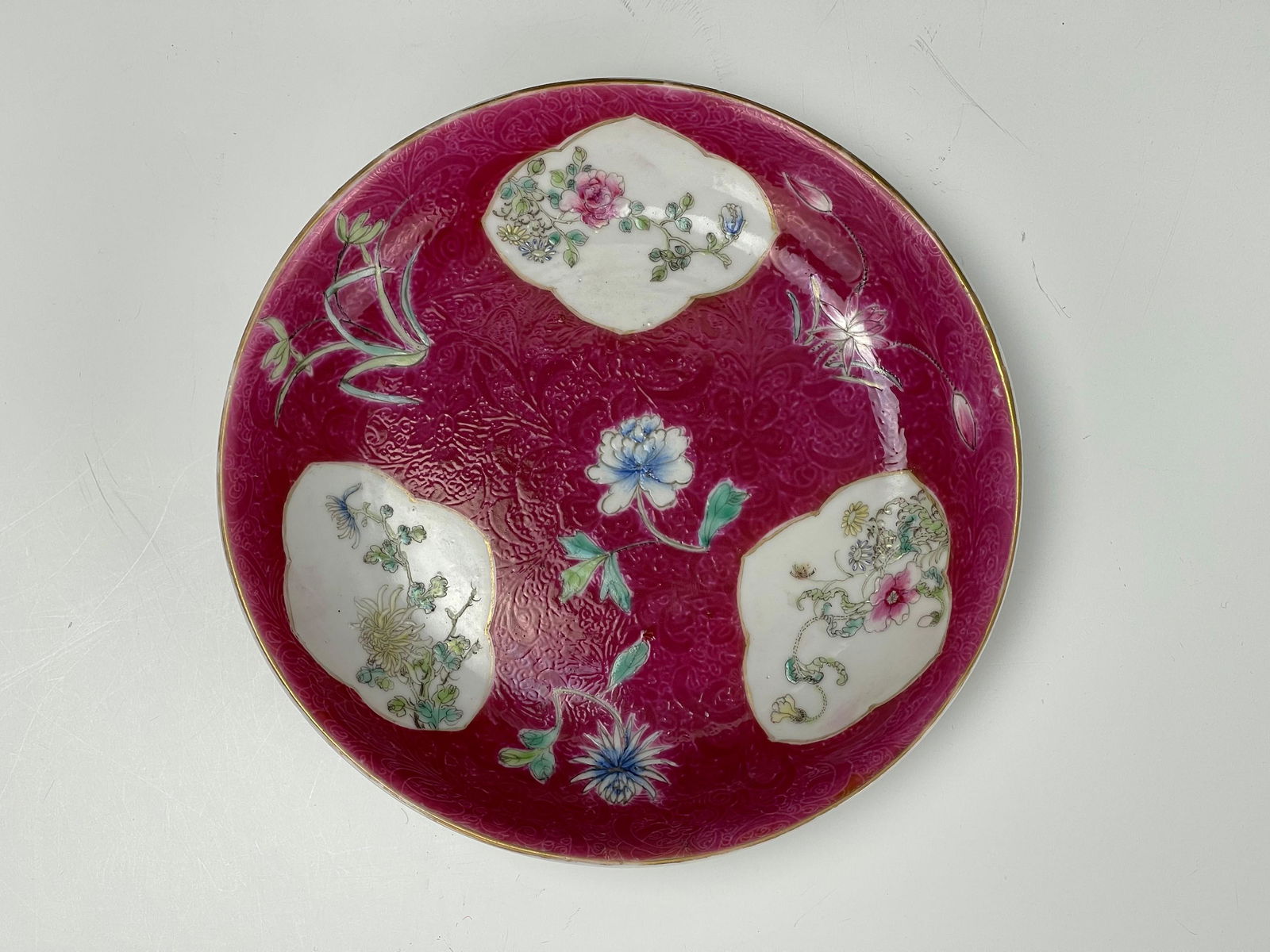 Chinese Carmine Red Ground Famille Rose Porcelain Plate Qianlong Mark (1 of 6)
