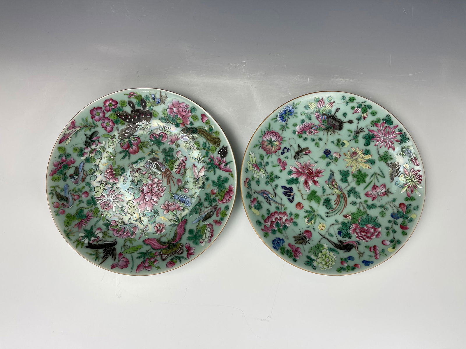 Two Antique Chinese Canton Plates Celadon Glaze With Flowers (1 of 6)