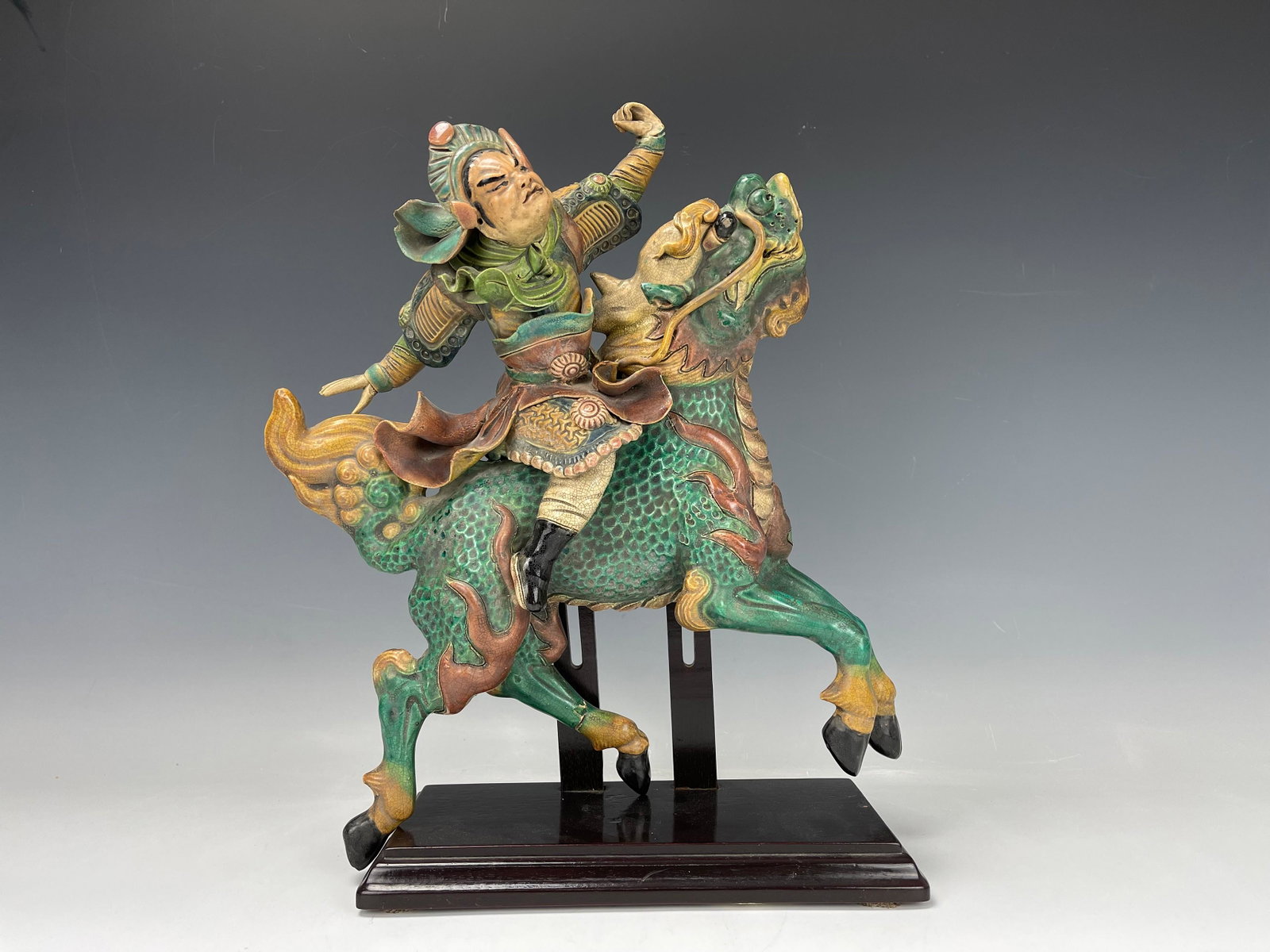Antique Chinese Roof Tile of Man Riding Qilin: Antique Chinese Roof Tile of Man Riding Qilin,H 38 cm(15 in.) x W 28 cm(11 in.) x D 11 cm(4.5 in.),There is a little damage on one of horse leg,Preview from Jun. 19th to 23rd from 1:00 PM TO 5:00 PM E