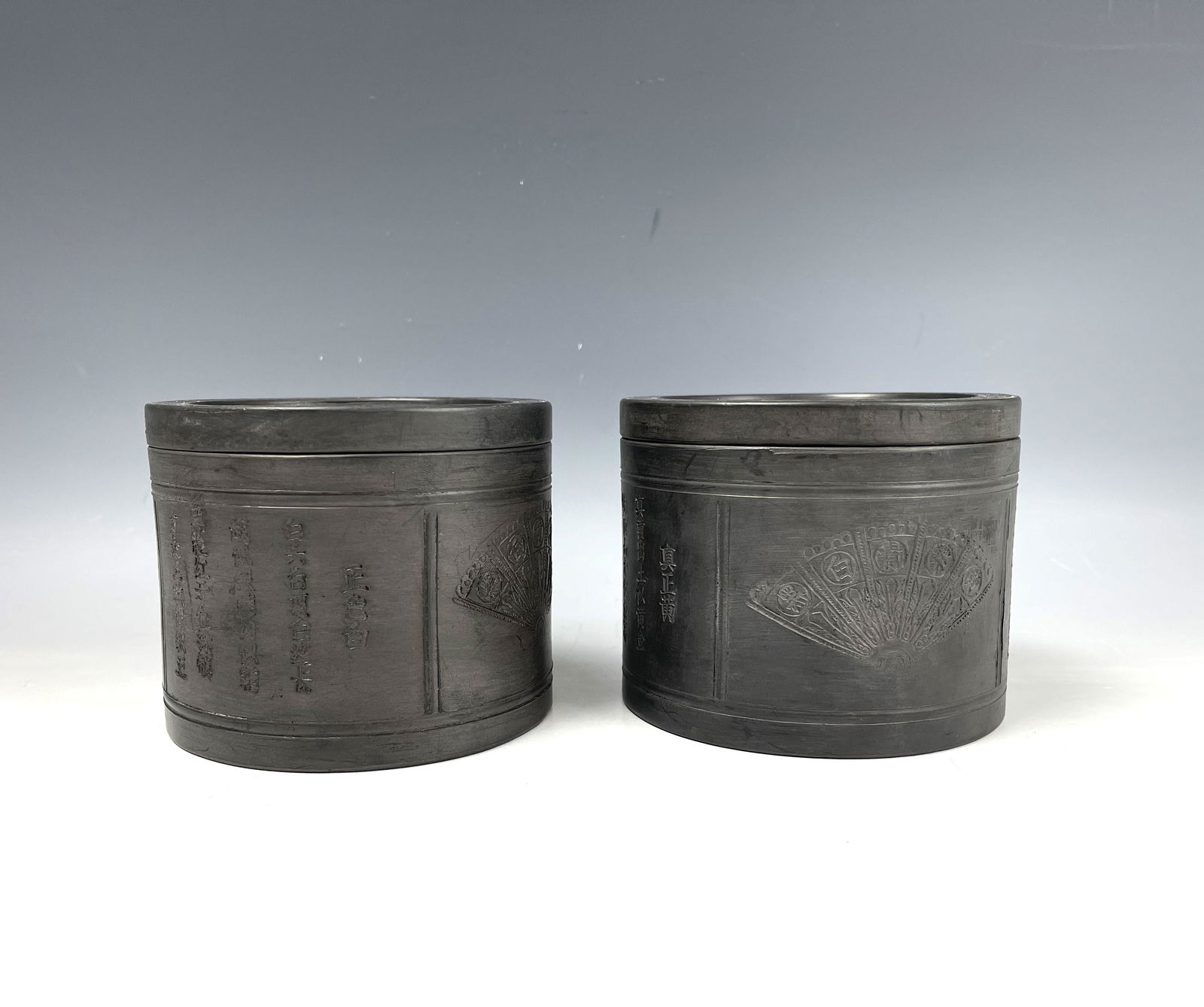 Two Chinese Black Clay Cricket Jar Lidded Gujingnan Mark (1 of 9)