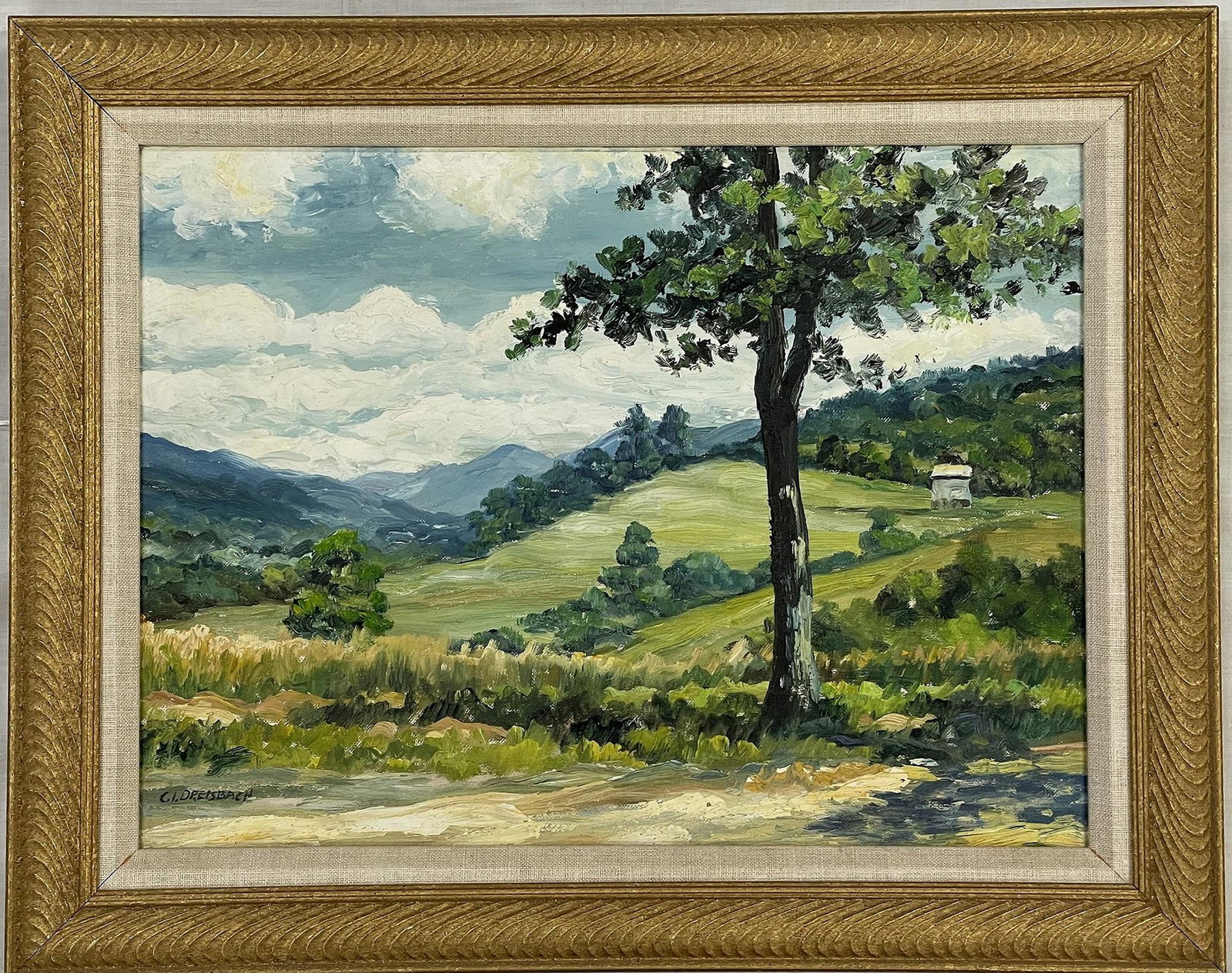 Framed oil painting on Canvas Signed CLARENCE IRA DREISBACH: CLARENCE IRA DREISBACH Oil on canvas. Signed lower left hand corner. Framed, H 4838 cm(19.5 in.) x W 39 cm(15.5 in.),painting 15.5x11.5 inches, Preview from Jun. 19th to 23rd from 1:00 PM TO 5:00 PM E