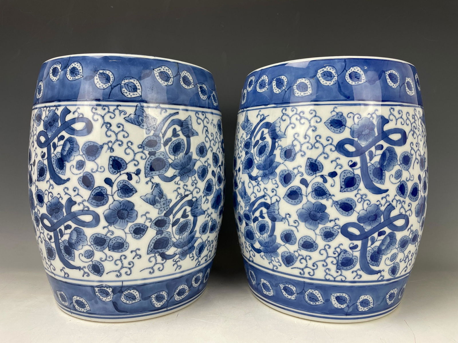 Pair of Blue and White Porcelain Garden Stools: Pair of Blue and White Porcelain Garden Stools, H 25 cm( 10 in.) x D 20 cm( 8 in.) x2,Preview from Jun. 19th to 23rd from 1:00 PM TO 5:00 PM Eastern Time, Location: 15229 Display Court, Rockville MD 2