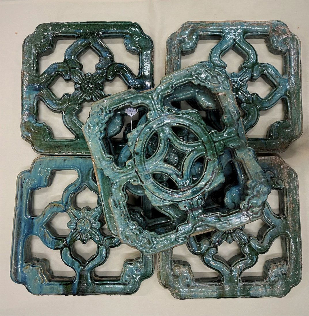 Set of 7 Green Glazed Chinese Ceramic Garden Wall Tiles (1 of 6)