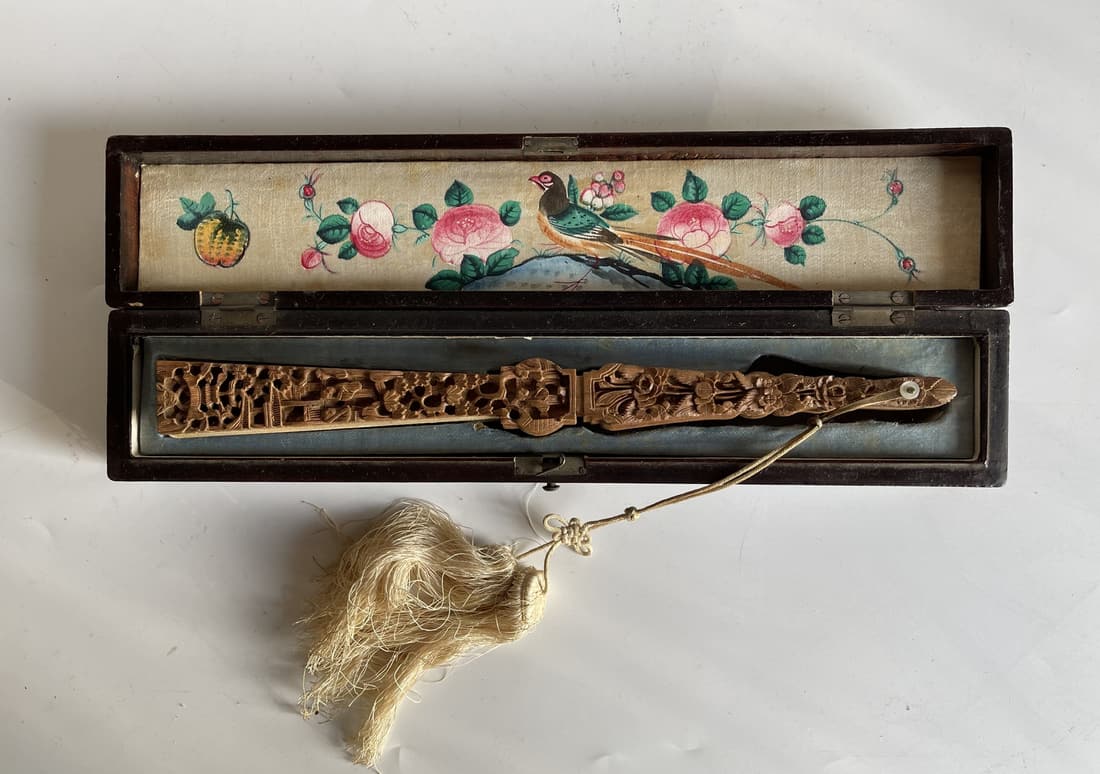 Silk Embroidered Sandlewood Handle Folding Fan In Original Box (1 of 9)