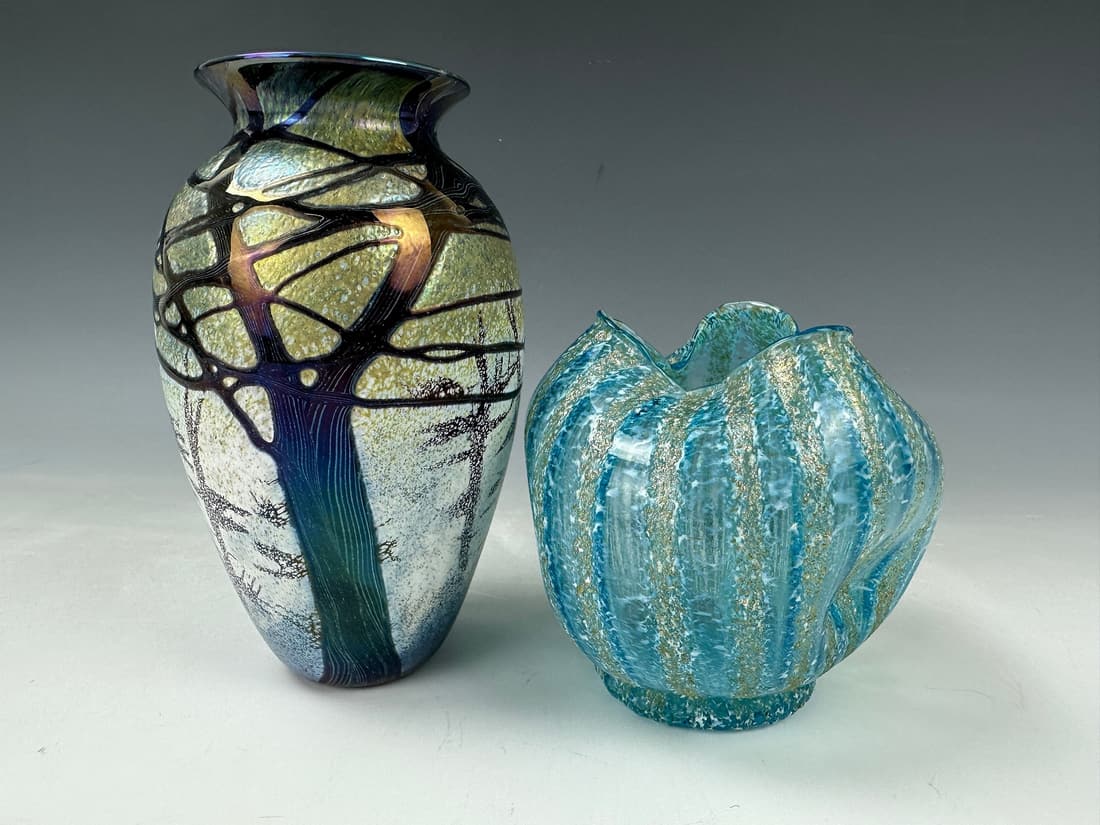 RICHARD SATAVA Landscape Studio Art Glass Vase and Dugan Venetian Glass Bowl Vase (1 of 8)