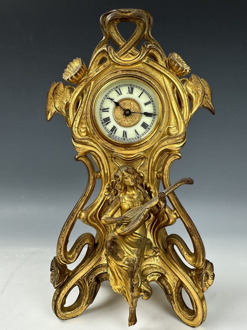 Ansonia Figural Brass Clock With Girl Playing Mandolin (1 of 6)
