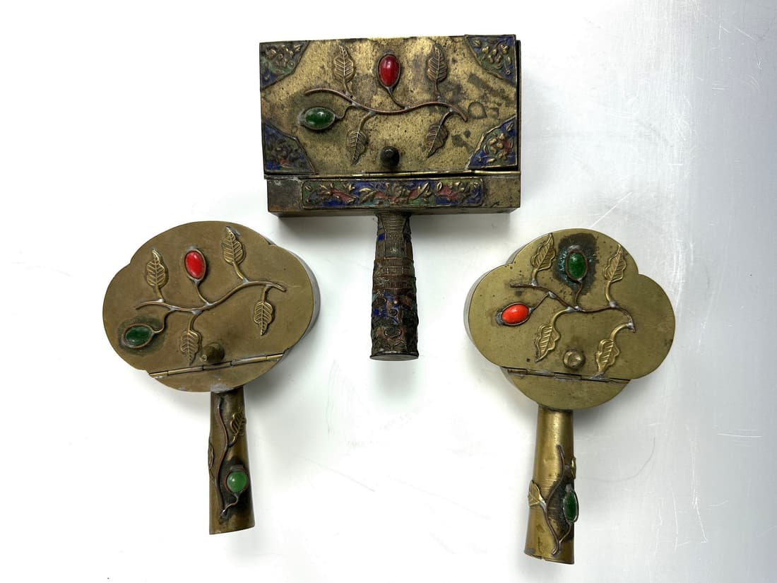 Three Vintage Brass Chinese Silent Butlers Cloisonne (1 of 8)