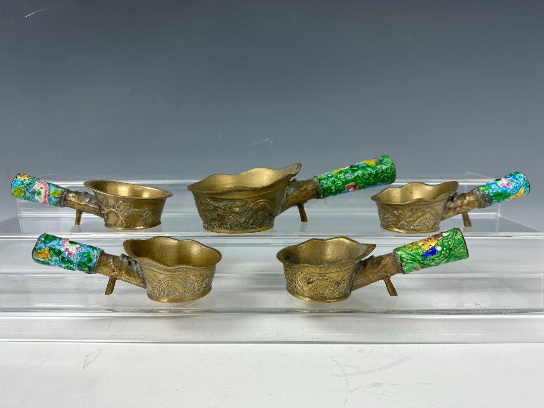 Group of 5 Vintage Chinese Silk Irons Bronze Dragon Decorated (1 of 8)