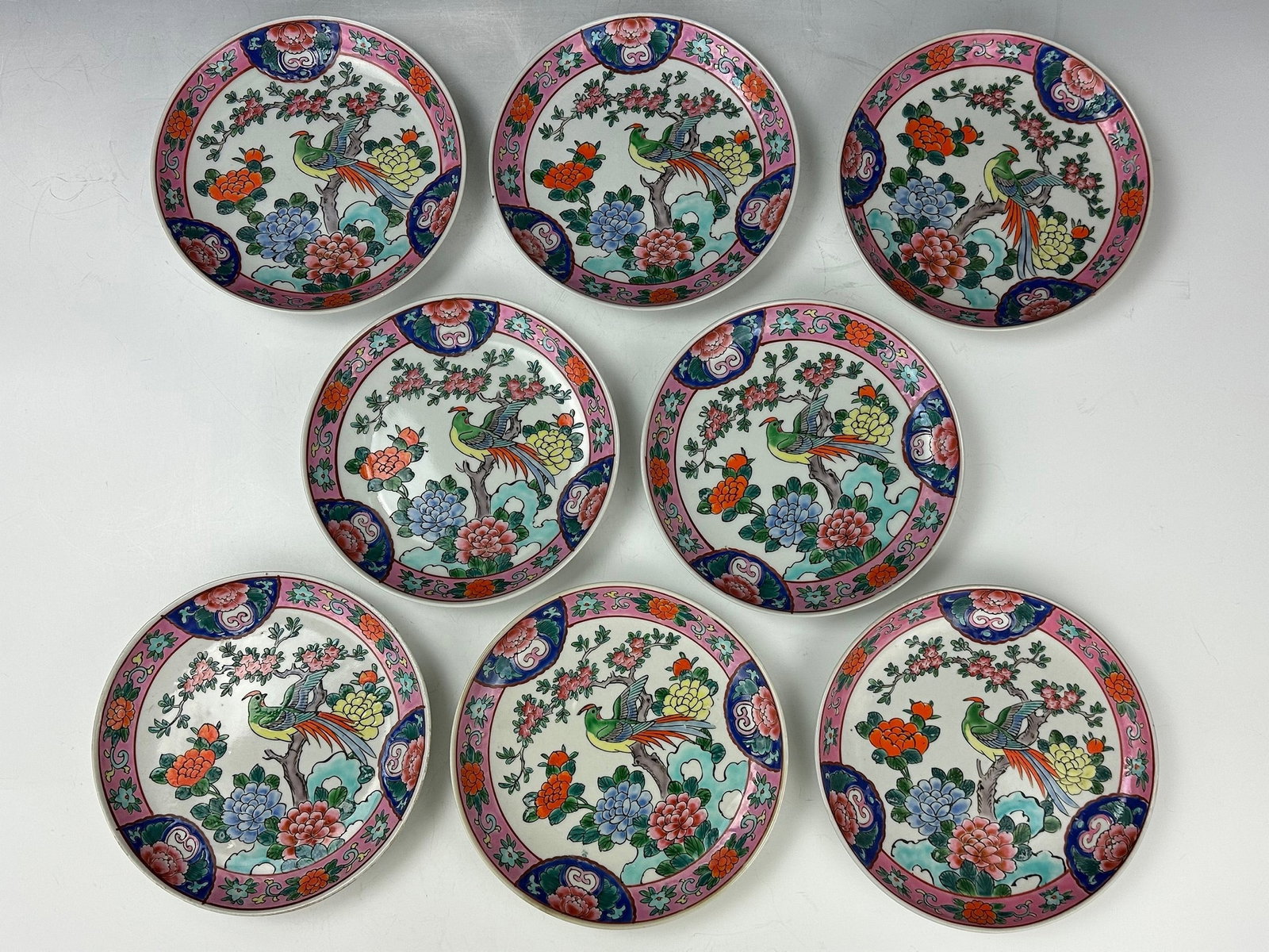 Set of 8 Chinese Famille Rose Porcelain Plates: Set of 8 Chinese Famille Rose Porcelain Plates, D 19 cm(7.5 in.) X8,Preview from Aug. 21st to 25th from 1:00 PM TO 5:00 PM Eastern Time, Location: 15229 Display Court, Rockville MD 20850.
