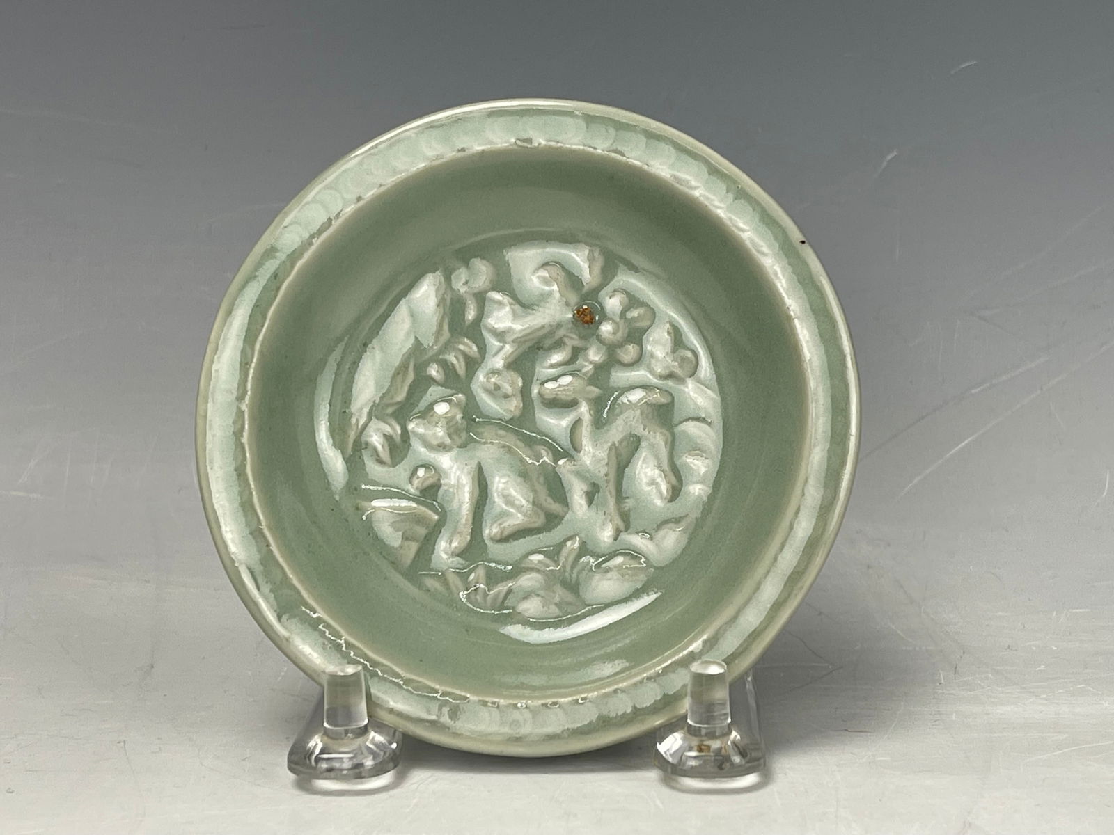 Chinese Sparrow, Deer and Monkey Celadon Porcelain Plate (1 of 4)