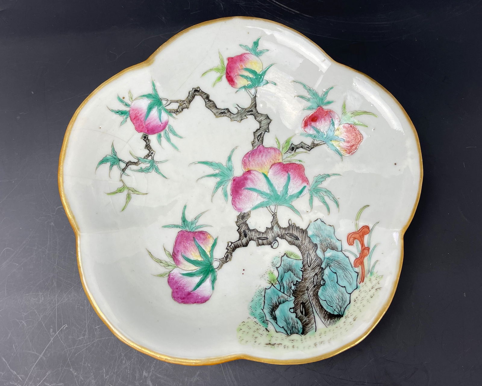 A Famille Rose Peach Porcelain Footed Altar Bowl Plum Blossom Shape (1 of 7)