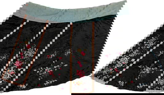 Embroidery Chinese Black Silk Panel Skirt: Antique Embroidery Chinese Black Silk Panel Skirt,W 122cm(48in.) X H 89cm(35in.),Preview from Oct. 2nd to 6th from 1:00 PM TO 5:00 PM Eastern Time, Location: 15229 Display Court, Rockville MD 20850.