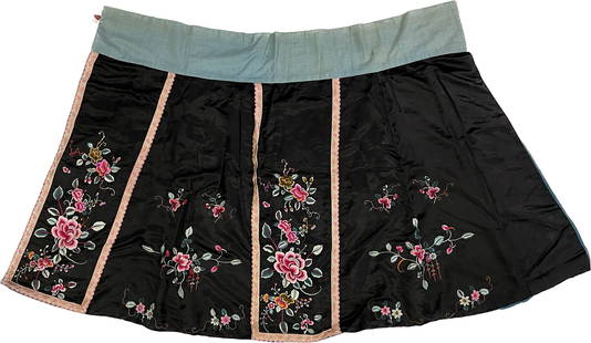 Embroidery Chinese Black Silk Panel Skirt: Antique Embroidery Chinese Black Silk Panel Skirt,W 122cm(48in.) X H 89cm(35in.),Preview from Oct. 2nd to 6th from 1:00 PM TO 5:00 PM Eastern Time, Location: 15229 Display Court, Rockville MD 20850.