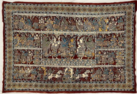 Kalamkari Temple Paintings from South India: Kalamkari South India Temple Hanging Depicting the Marriage of Lord Krishna to Rukmini, this hand-drawn, all-natural hand-dyed textile was a traditional product of temple town of Srikalahasti in Andhr