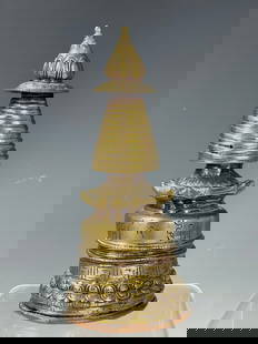 Antique Tibetan Bronze Stupa: Antique Tibetan Bronze Stupa, H 18 cm(7 in.) , Preview from Oct. 2nd to 6th from 1:00 PM TO 5:00 PM Eastern Time, Location: 15229 Display Court, Rockville MD 20850.